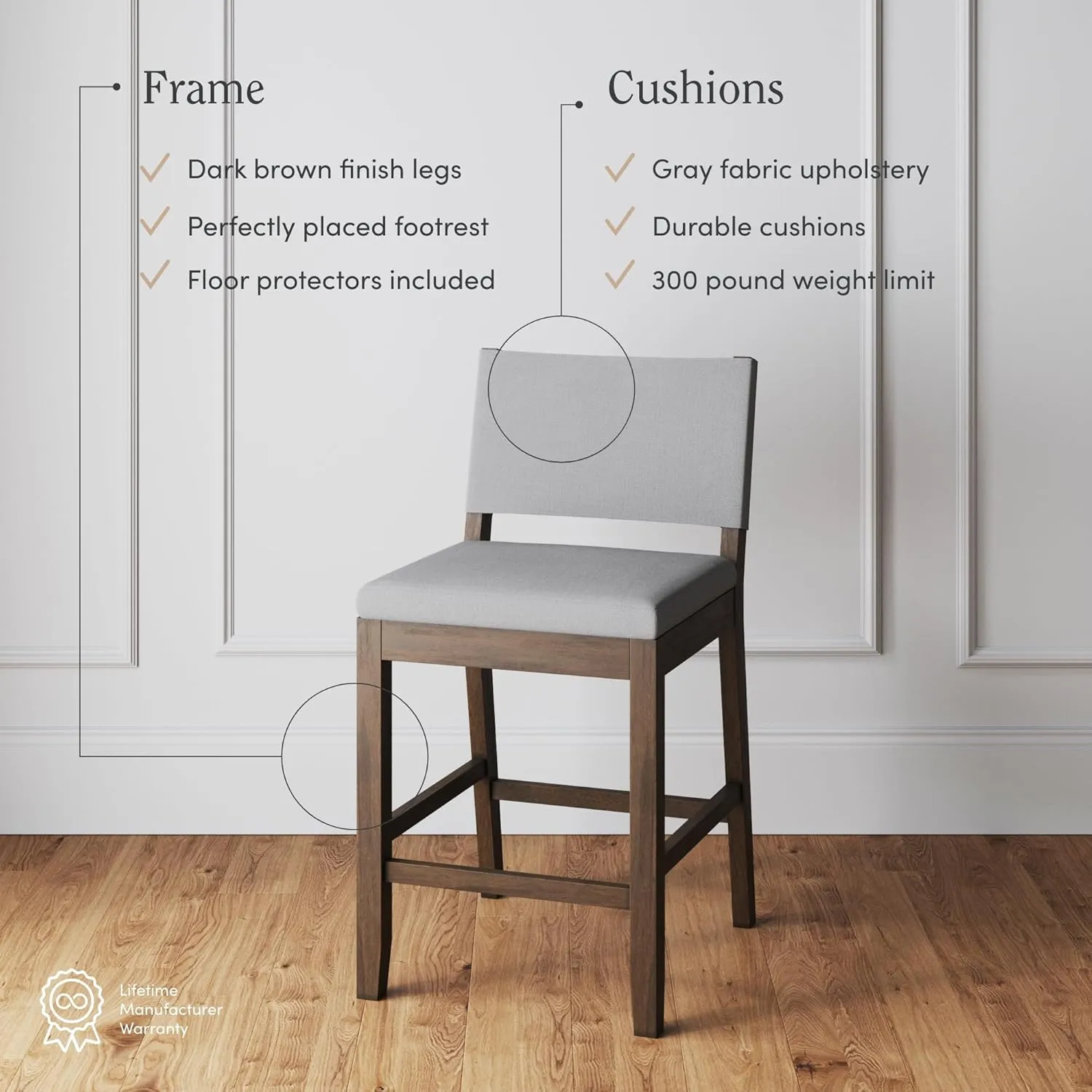 Nathan James Linus Modern Upholstered Counter Height Bar Stool with Back and Solid Rubberwood Legs in a Dark Brown Wood, Natural Light Grey/Brown