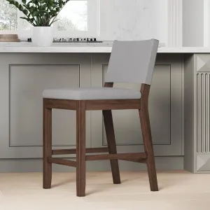 Nathan James Linus Modern Upholstered Counter Height Bar Stool with Back and Solid Rubberwood Legs in a Dark Brown Wood, Natural Light Grey/Brown
