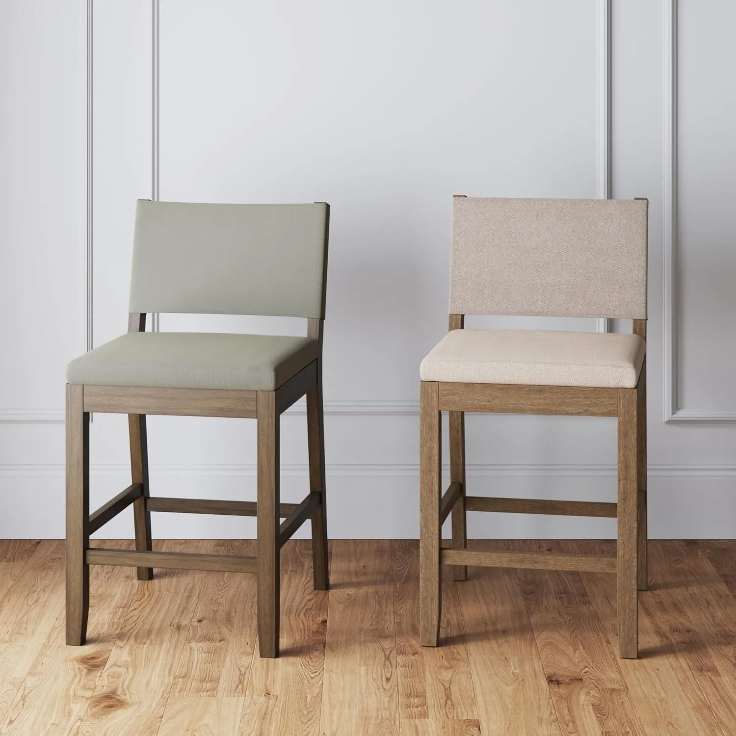 Nathan James Linus Modern Upholstered Counter Height Bar Stool with Back and Solid Rubberwood Legs in a Dark Brown Wood, Natural Light Grey/Brown