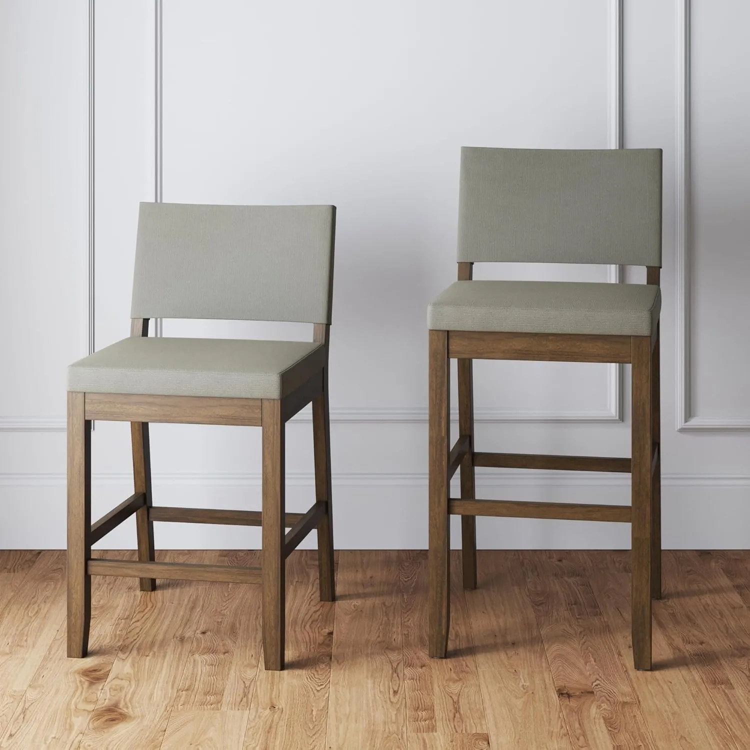 Nathan James Linus Modern Upholstered Counter Height Bar Stool with Back and Solid Rubberwood Legs in a Dark Brown Wood, Natural Light Grey/Brown