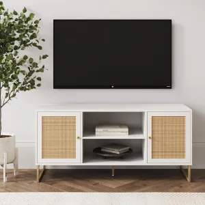 Nathan James Mina Modern TV Stand, Entertainment Cabinet, Console with a Natural Rattan Storage Doors, Finish Brass Accents for Living Media Room, Matte White/Gold