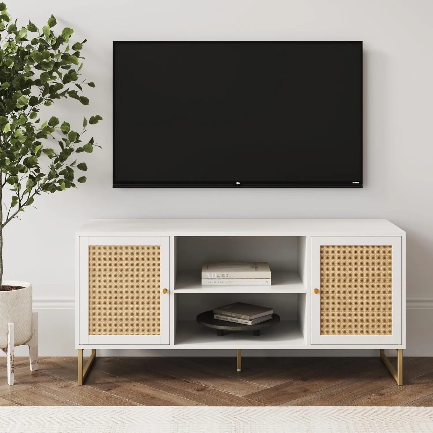 Nathan James Mina Modern TV Stand, Entertainment Cabinet, Console with a Natural Rattan Storage Doors, Finish Brass Accents for Living Media Room, Matte White/Gold