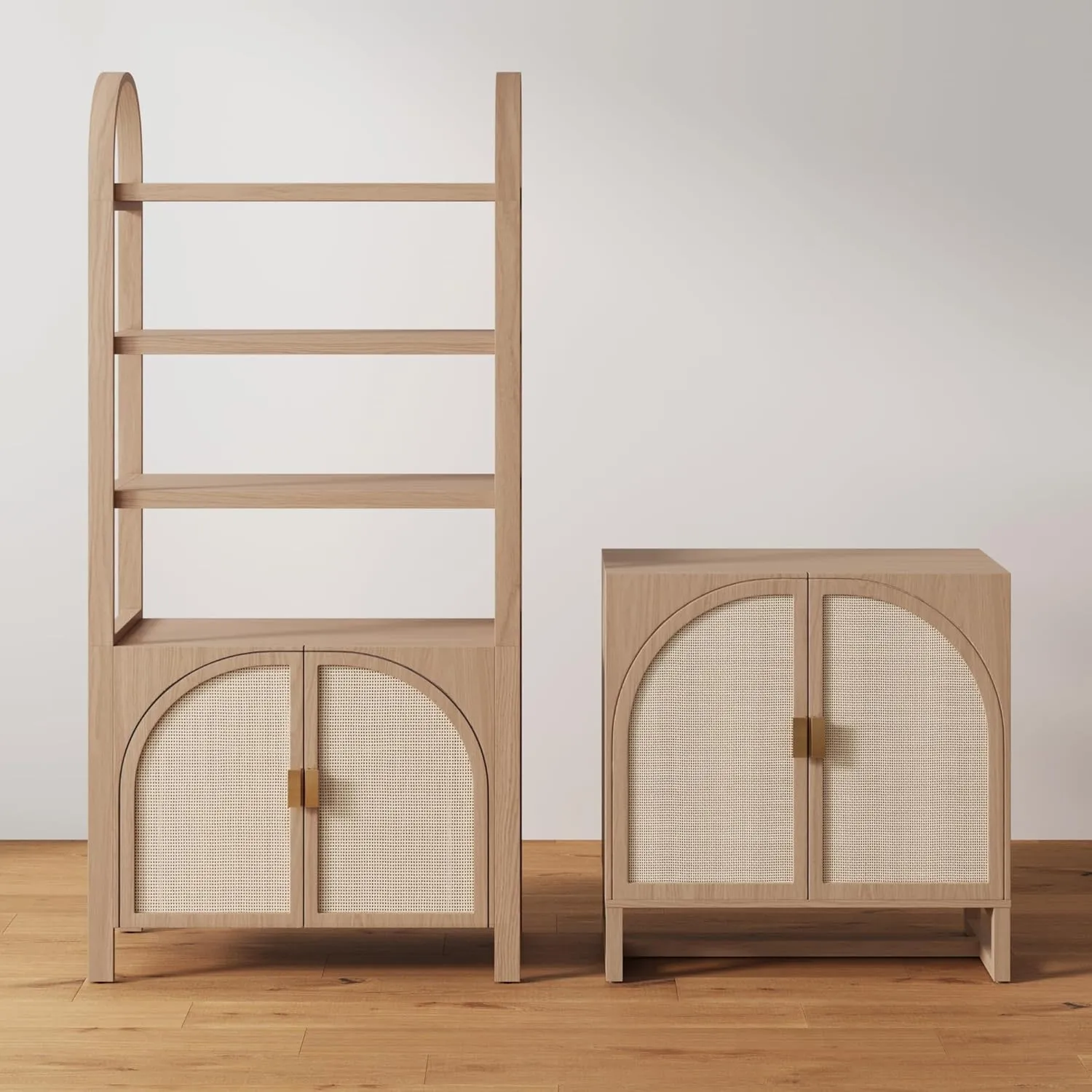 Nathan James Paxton Mid-Century Modern Wood Storage Cabinet with Doors, Arched Storage Cabinet for Living Room or Kitchen with Rattan Door Details, Raw Oak