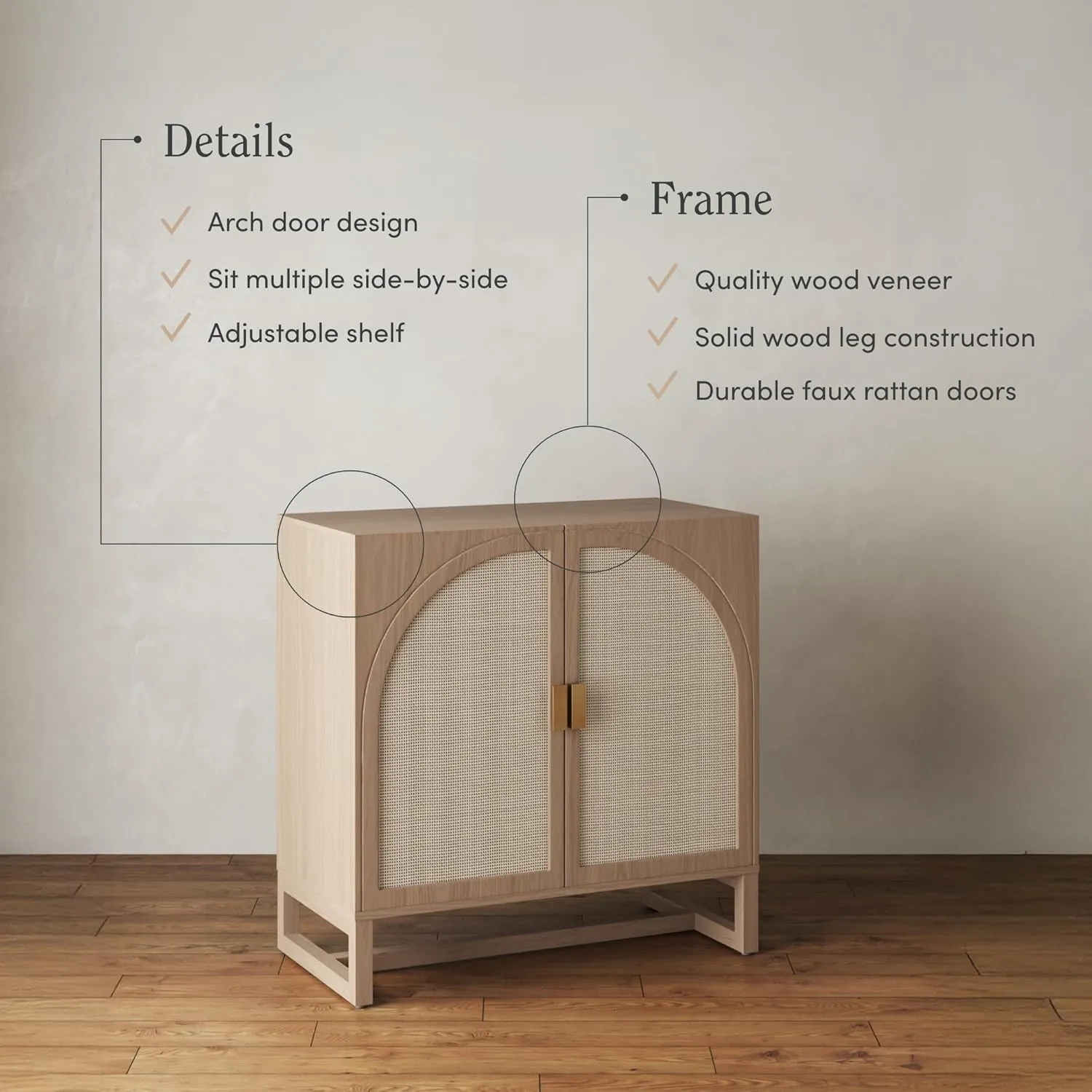 Nathan James Paxton Mid-Century Modern Wood Storage Cabinet with Doors, Arched Storage Cabinet for Living Room or Kitchen with Rattan Door Details, Raw Oak