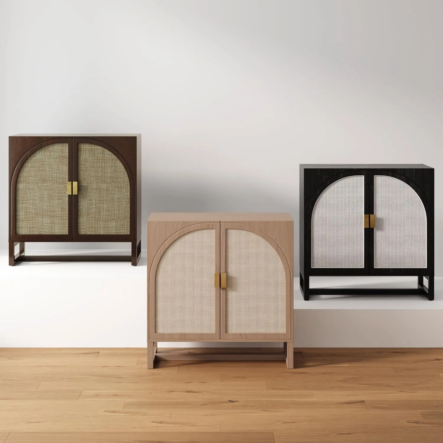 Nathan James Paxton Mid-Century Modern Wood Storage Cabinet with Doors, Arched Storage Cabinet for Living Room or Kitchen with Rattan Door Details, Raw Oak