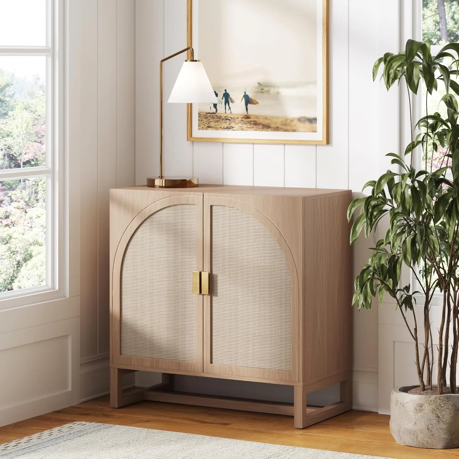 Nathan James Paxton Mid-Century Modern Wood Storage Cabinet with Doors, Arched Storage Cabinet for Living Room or Kitchen with Rattan Door Details, Raw Oak