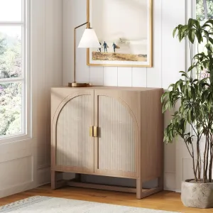 Nathan James Paxton Mid-Century Modern Wood Storage Cabinet with Doors, Arched Storage Cabinet for Living Room or Kitchen with Rattan Door Details, Raw Oak