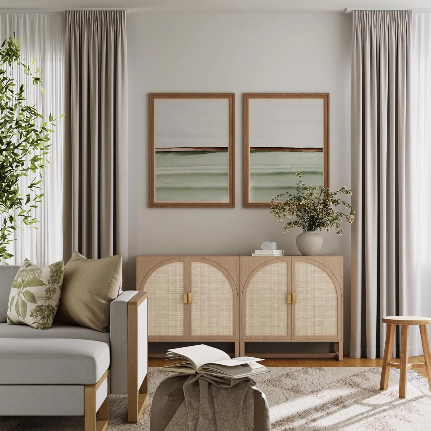 Nathan James Paxton Mid-Century Modern Wood Storage Cabinet with Doors, Arched Storage Cabinet for Living Room or Kitchen with Rattan Door Details, Raw Oak