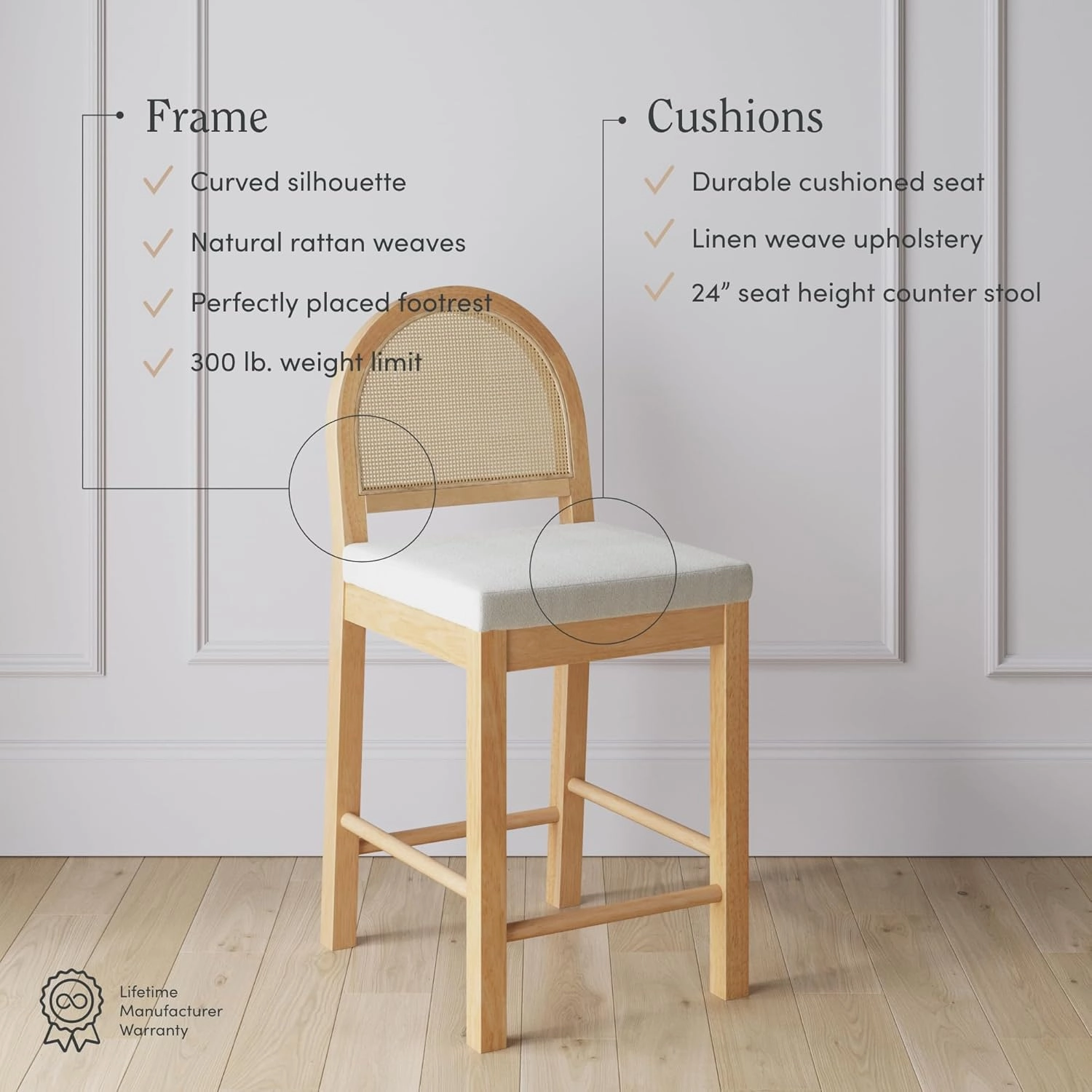 Nathan James Bailey Upholstered Rattan Bar Stool in Oak Finish Frame, Counter Height Stool with Natural Rattan Woven Back For Kitchen Island, Brown