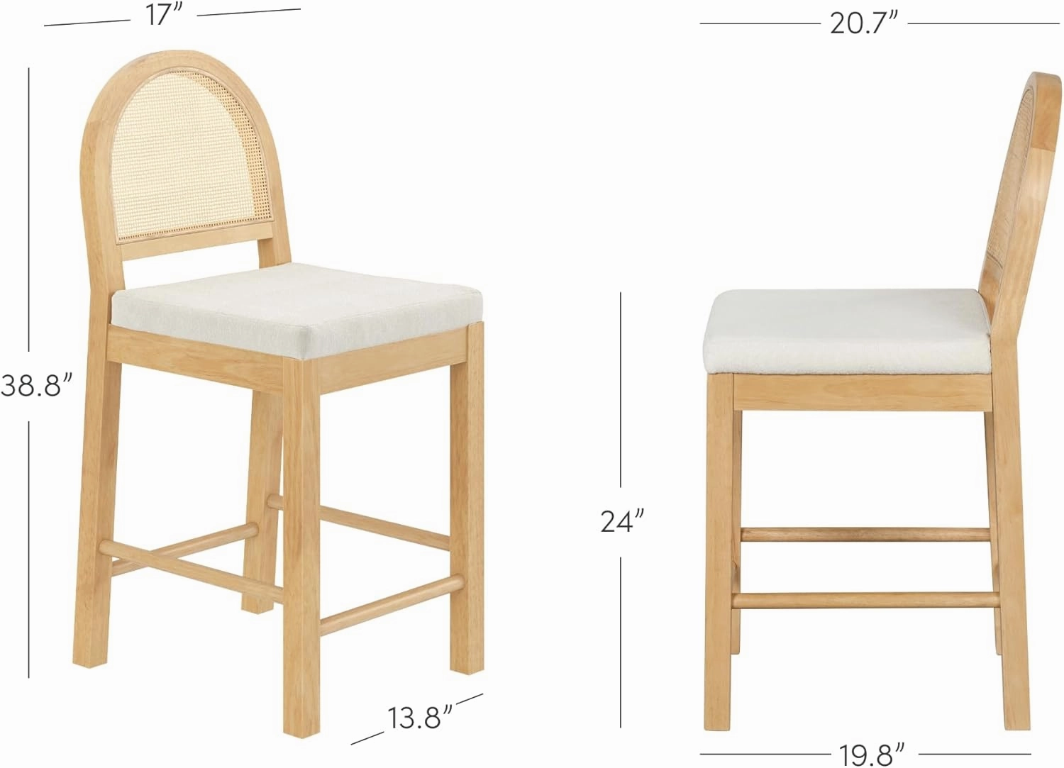 Nathan James Bailey Upholstered Rattan Bar Stool in Oak Finish Frame, Counter Height Stool with Natural Rattan Woven Back For Kitchen Island, Brown