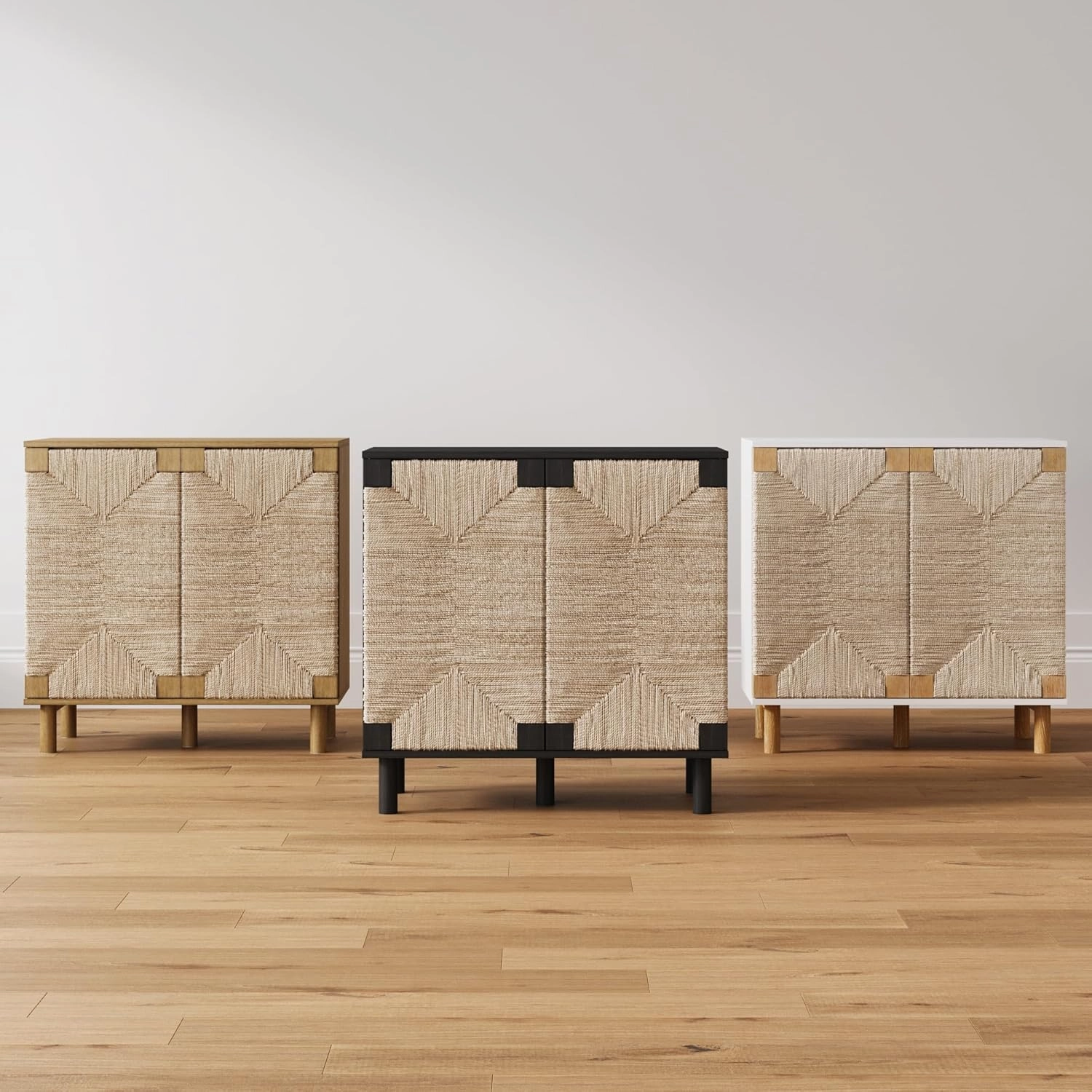 Nathan James Beacon Accent Natural Sideboard Storage Cabinet TV Stand in Light Wood with Adjustable Interior Shelf and Seagrass Doors, for Hallway, Entryway or Dining Room, Light Brown, Set of 2