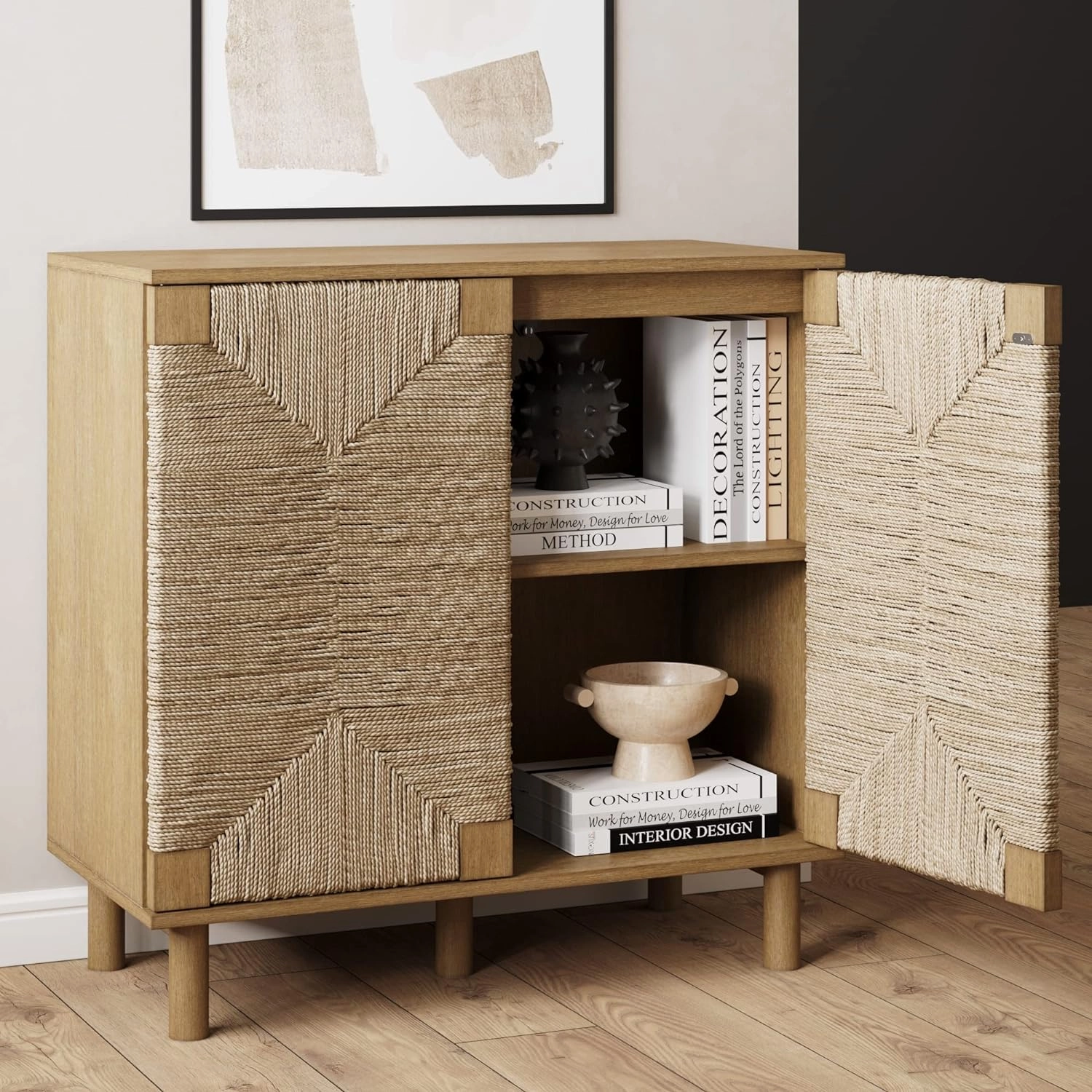 Nathan James Beacon Accent Natural Sideboard Storage Cabinet TV Stand in Light Wood with Adjustable Interior Shelf and Seagrass Doors, for Hallway, Entryway or Dining Room, Light Brown, Set of 2