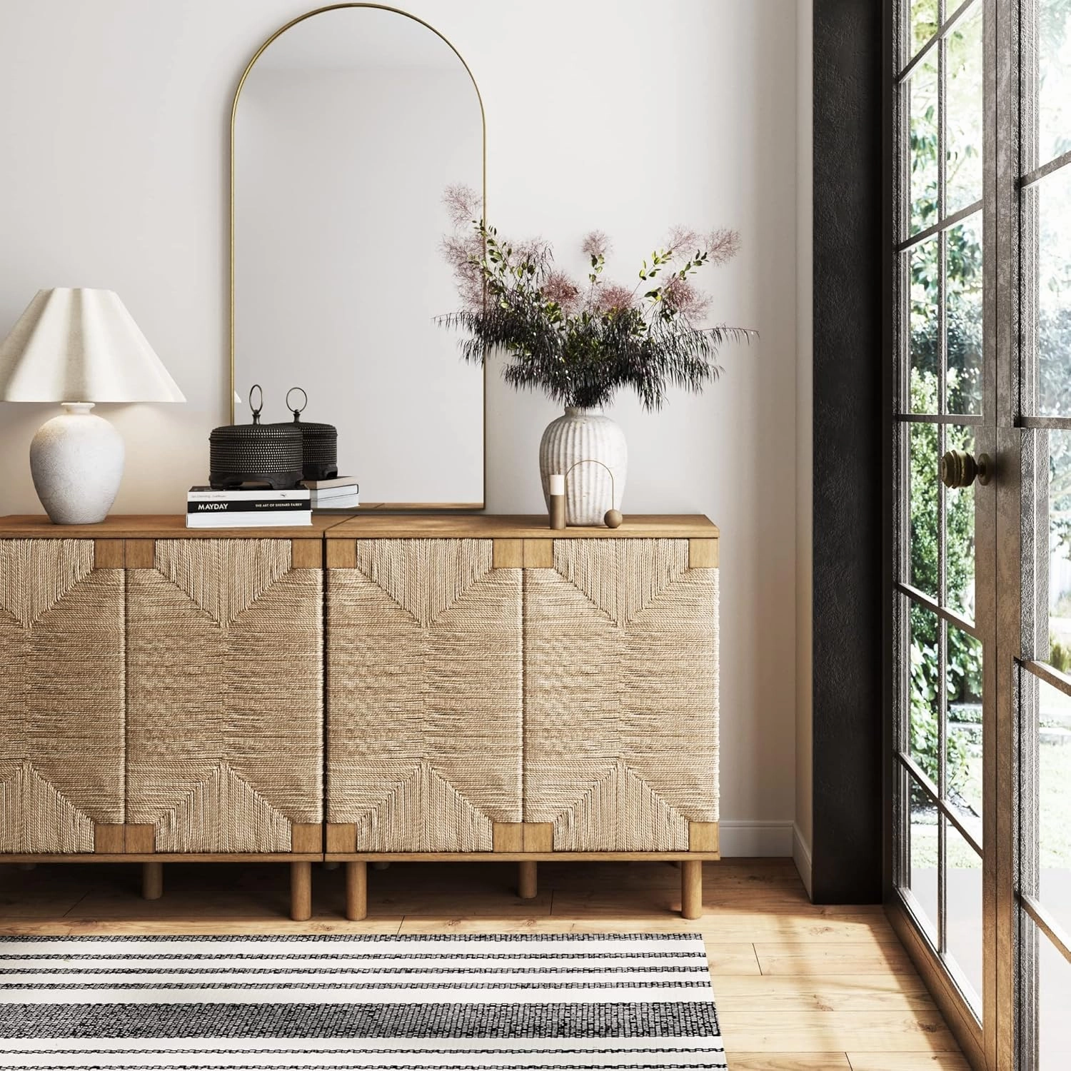 Nathan James Beacon Accent Natural Sideboard Storage Cabinet TV Stand in Light Wood with Adjustable Interior Shelf and Seagrass Doors, for Hallway, Entryway or Dining Room, Light Brown, Set of 2