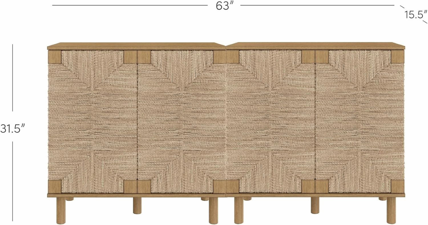 Nathan James Beacon Accent Natural Sideboard Storage Cabinet TV Stand in Light Wood with Adjustable Interior Shelf and Seagrass Doors, for Hallway, Entryway or Dining Room, Light Brown, Set of 2
