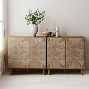 Nathan James Beacon Accent Natural Sideboard Storage Cabinet TV Stand in Light Wood with Adjustable Interior Shelf and Seagrass Doors, for Hallway, Entryway or Dining Room, Light Brown, Set of 2