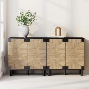 Nathan James Beacon Accent Natural Sideboard Storage Cabinet TV Stand in Wire-Brushed Wood with Adjustable Interior Shelf and Seagrass Doors, for Hallway, Entryway or Dining Room, Black, Set of 2