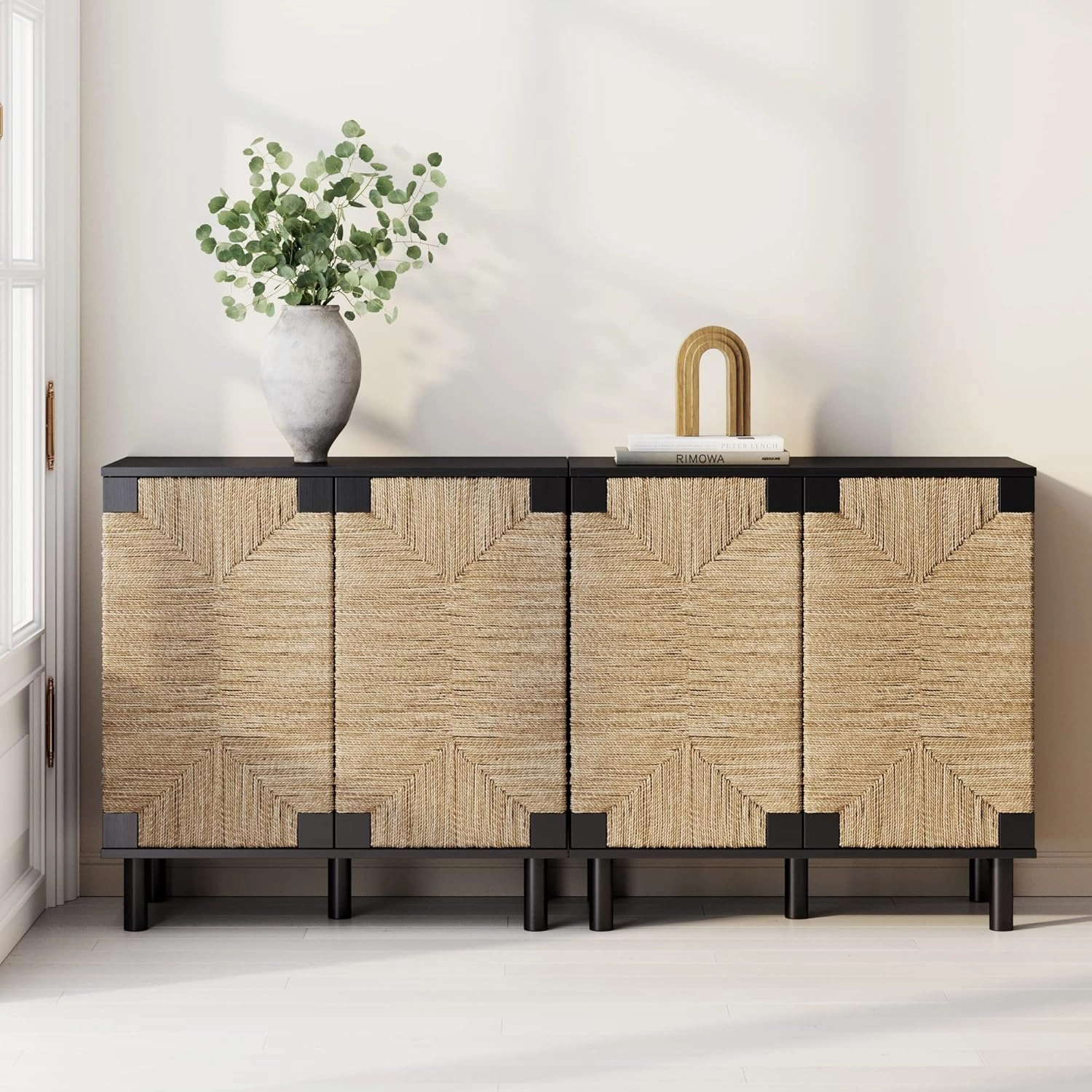 Nathan James Beacon Accent Natural Sideboard Storage Cabinet TV Stand in Wire-Brushed Wood with Adjustable Interior Shelf and Seagrass Doors, for Hallway, Entryway or Dining Room, Black, Set of 2