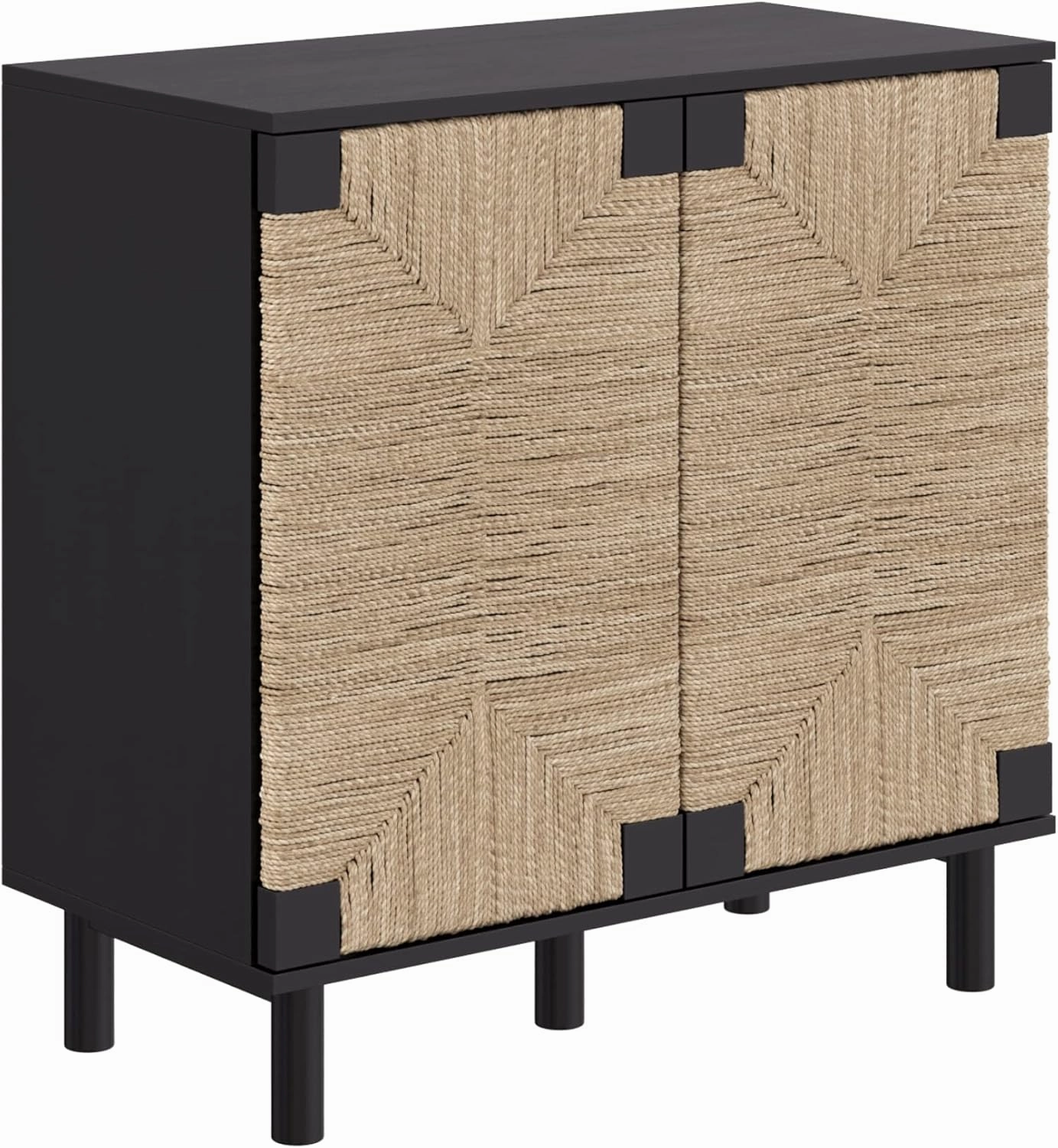 Nathan James Beacon Accent Natural Sideboard Storage Cabinet TV Stand in Wire-Brushed Wood with Adjustable Interior Shelf and Seagrass Doors, for Hallway, Entryway or Dining Room, Black, Set of 2