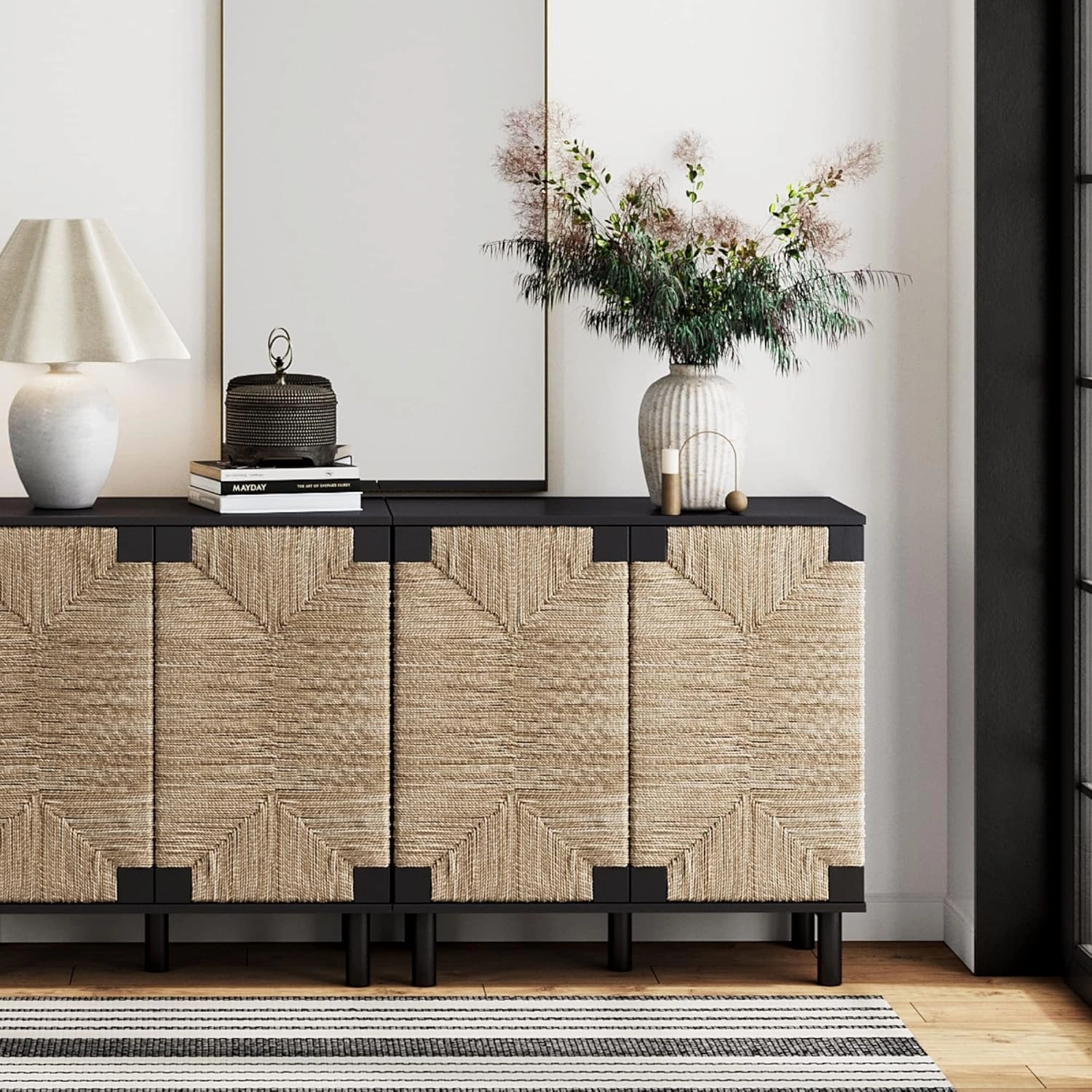Nathan James Beacon Accent Natural Sideboard Storage Cabinet TV Stand in Wire-Brushed Wood with Adjustable Interior Shelf and Seagrass Doors, for Hallway, Entryway or Dining Room, Black, Set of 2