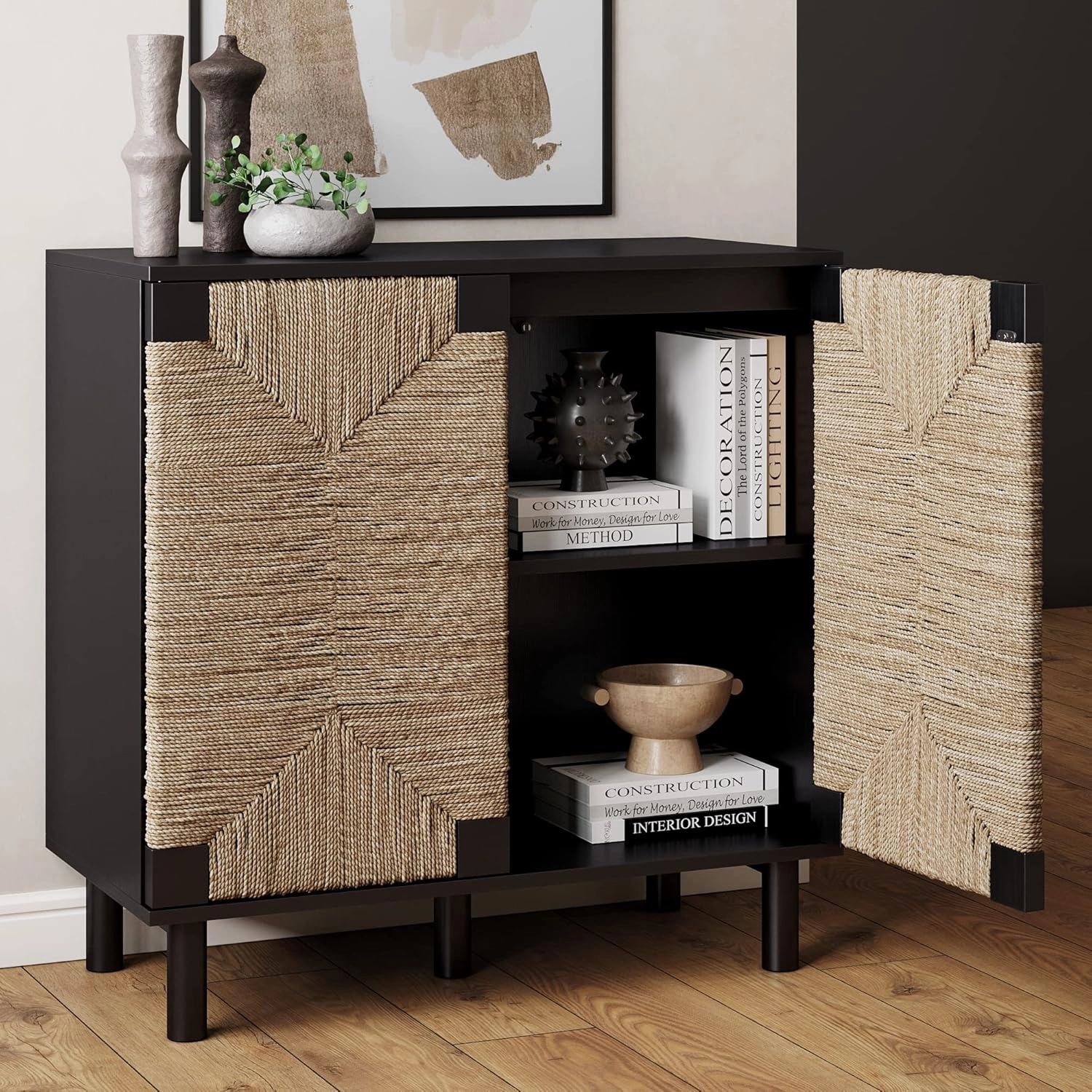 Nathan James Beacon Accent Natural Sideboard Storage Cabinet TV Stand in Wire-Brushed Wood with Adjustable Interior Shelf and Seagrass Doors, for Hallway, Entryway or Dining Room, Black, Set of 2