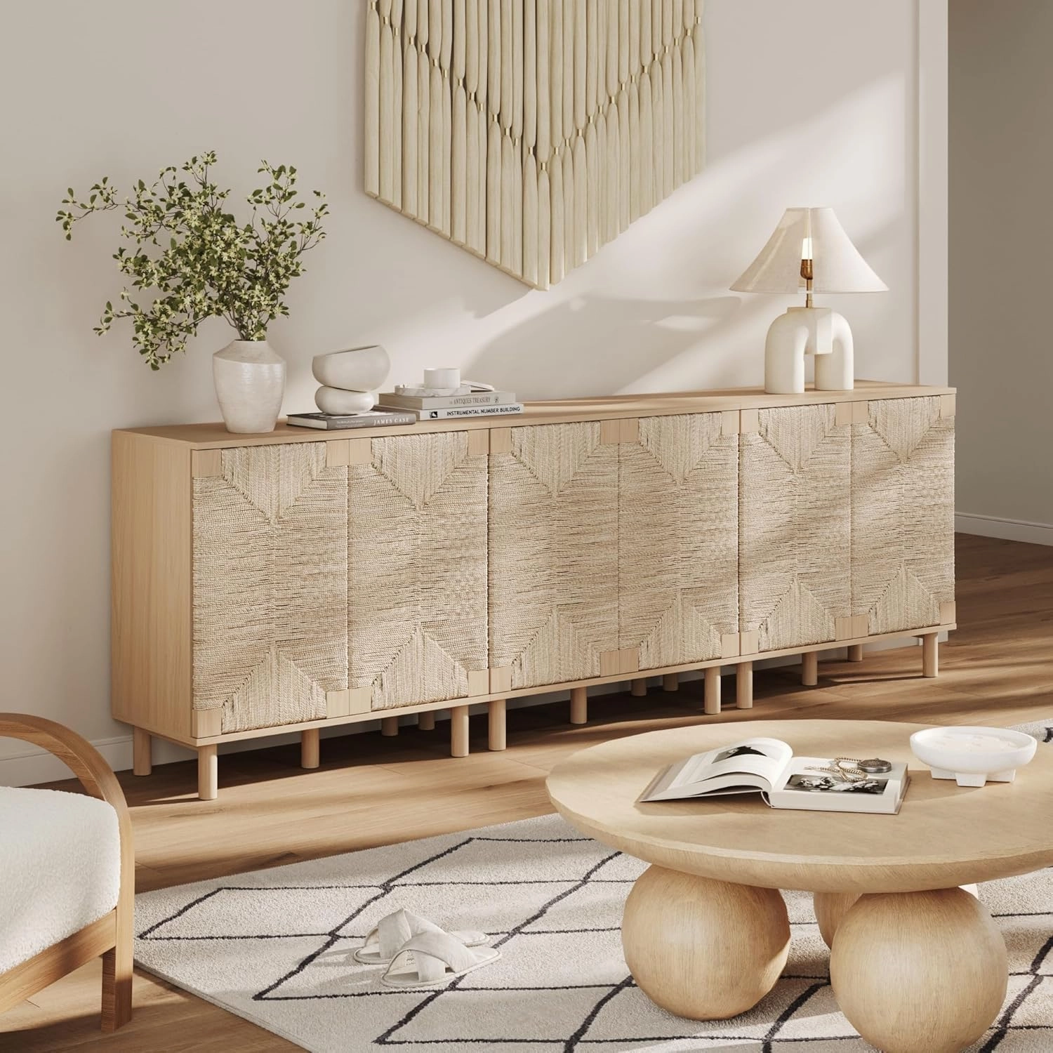 Nathan James Beacon Boho Accent Cabinet with Doors, Free Standing Kitchen Cabinet Storage with Adjustable Interior Shelf and Seagrass Accent, Seagrass/Raw Oak