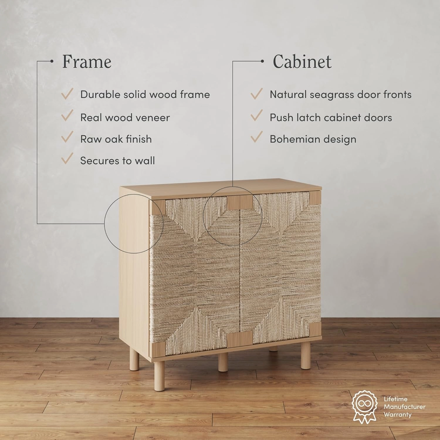 Nathan James Beacon Boho Accent Cabinet with Doors, Free Standing Kitchen Cabinet Storage with Adjustable Interior Shelf and Seagrass Accent, Seagrass/Raw Oak