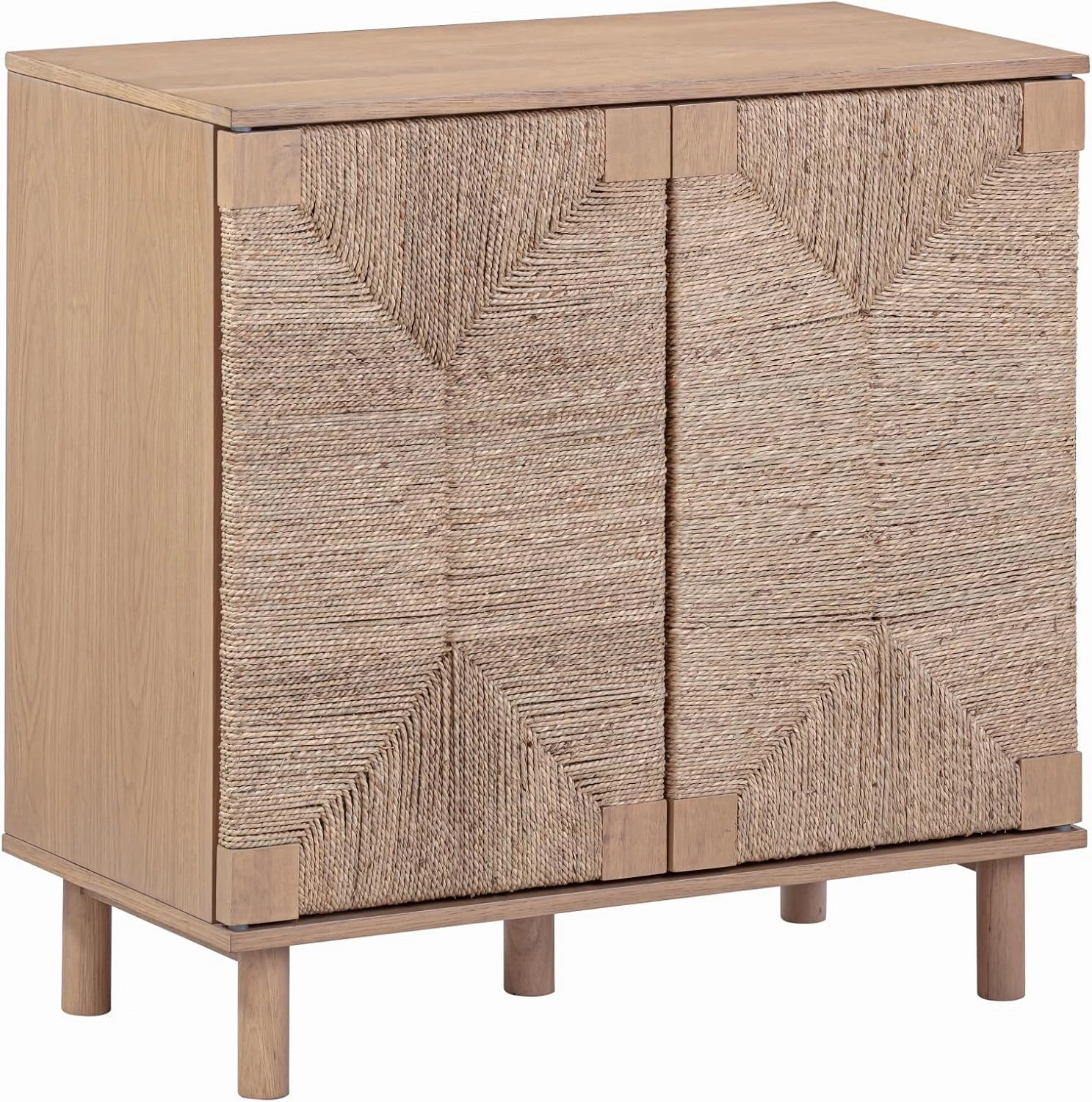 Nathan James Beacon Boho Accent Cabinet with Doors, Free Standing Kitchen Cabinet Storage with Adjustable Interior Shelf and Seagrass Accent, Seagrass/Raw Oak
