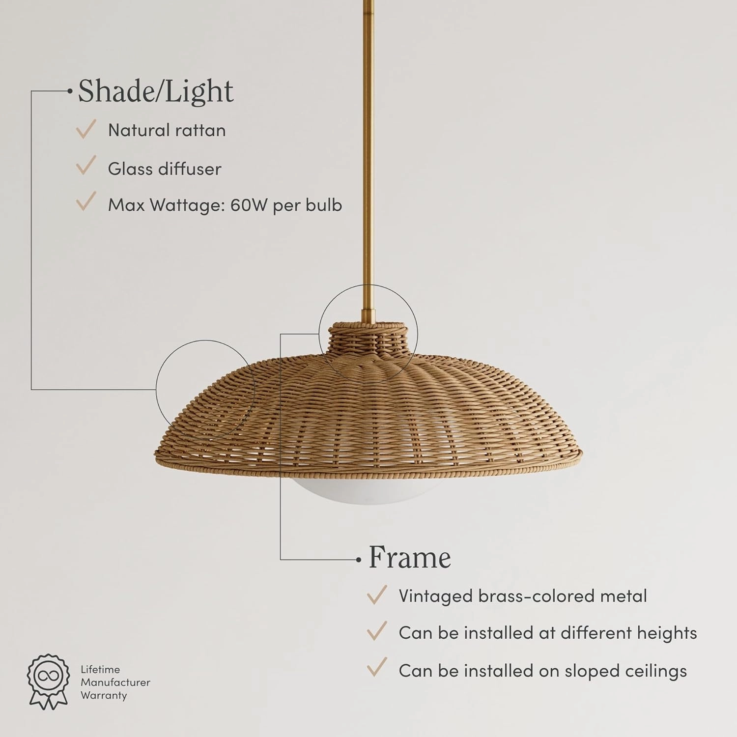 Nathan James Belleville Boho Rattan Pendant Light with Diffuser, Sloped Ceiling Pendant Light with Rattan Shade and Glass Diffuser