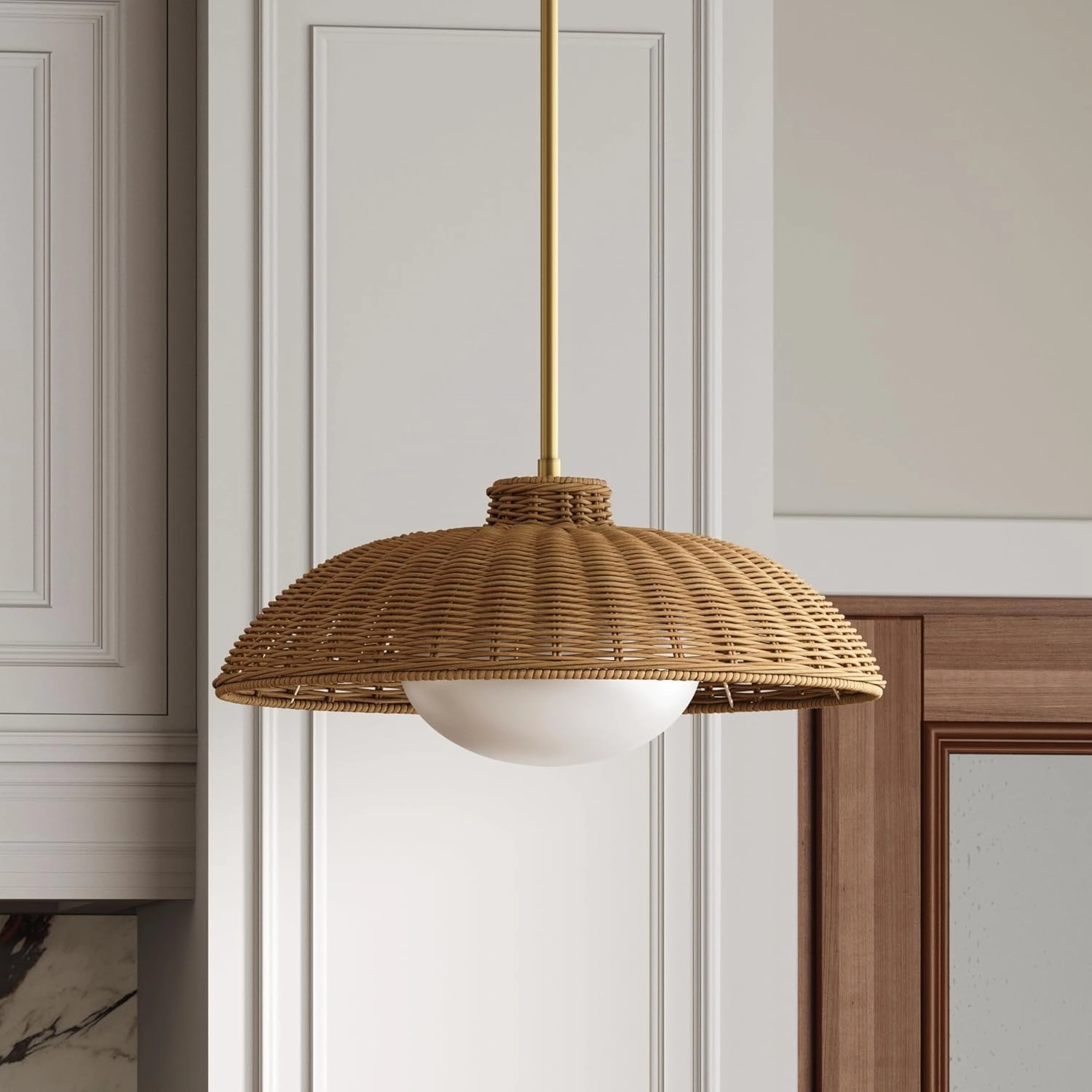 Nathan James Belleville Boho Rattan Pendant Light with Diffuser, Sloped Ceiling Pendant Light with Rattan Shade and Glass Diffuser