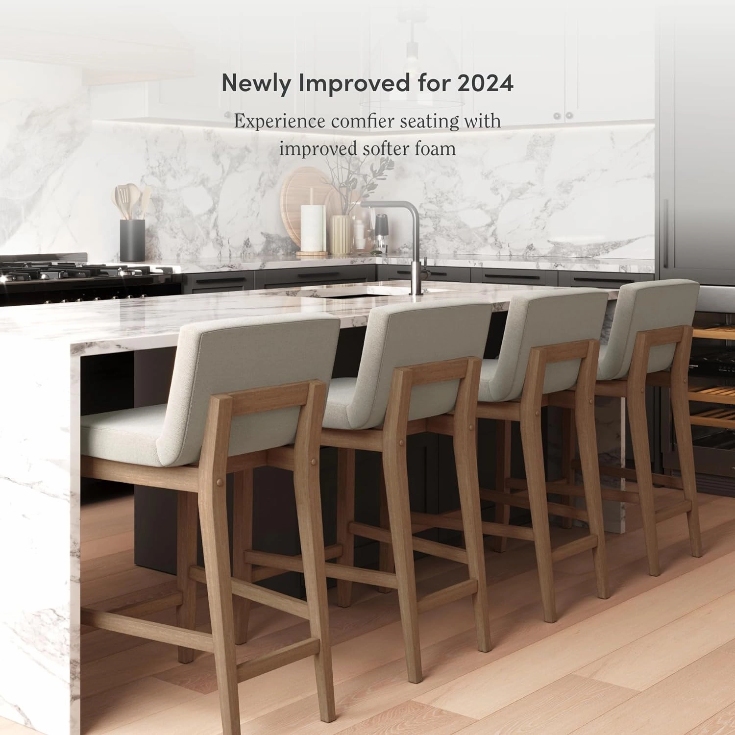 Nathan James Gracie Modern Counter Height Bar Stool with Back, Counter Stool Upholstered Chair with Natural Flax White Fabric and Brushed Light Brown Wooden Legs, Natural Flax/Brown