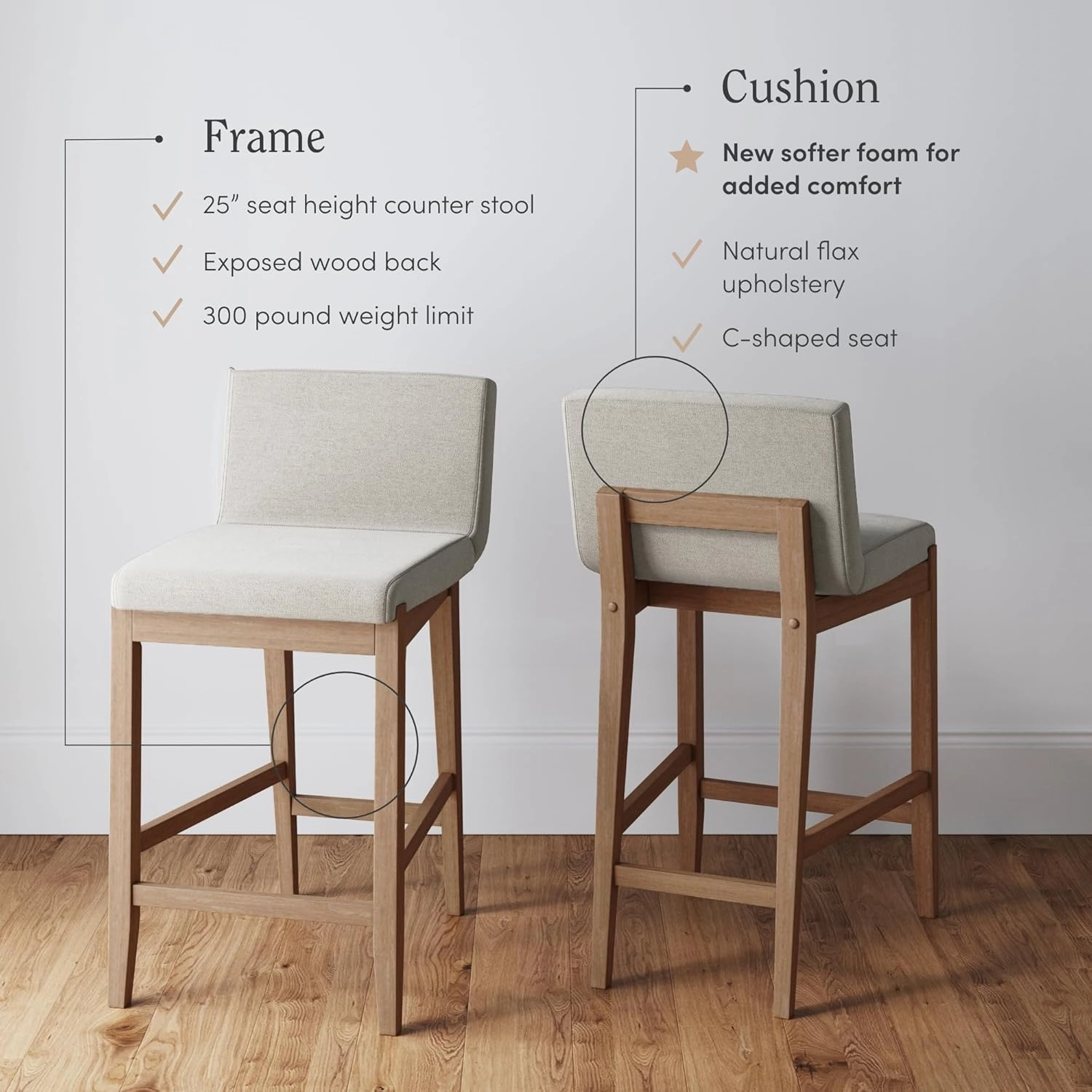 Nathan James Gracie Modern Counter Height Bar Stool with Back, Counter Stool Upholstered Chair with Natural Flax White Fabric and Brushed Light Brown Wooden Legs, Natural Flax/Brown