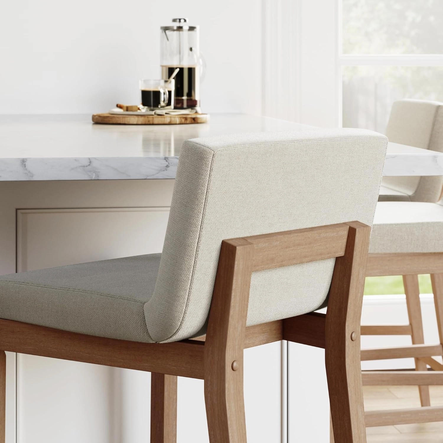 Nathan James Gracie Modern Counter Height Bar Stool with Back, Counter Stool Upholstered Chair with Natural Flax White Fabric and Brushed Light Brown Wooden Legs, Natural Flax/Brown
