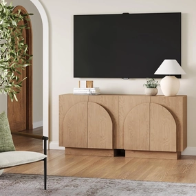 Nathan James Iris Mid-Century Modern Credenza, Brown TV Stand, Living Room Wood Storage Cabinet with Arched Cabinet Doors, Raw Oak, Set of 2