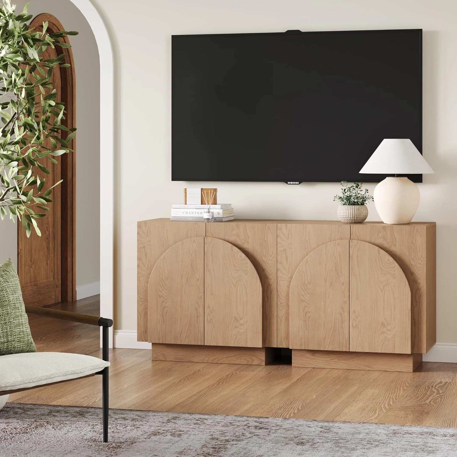 Nathan James Iris Mid-Century Modern Credenza, Brown TV Stand, Living Room Wood Storage Cabinet with Arched Cabinet Doors, Raw Oak, Set of 2