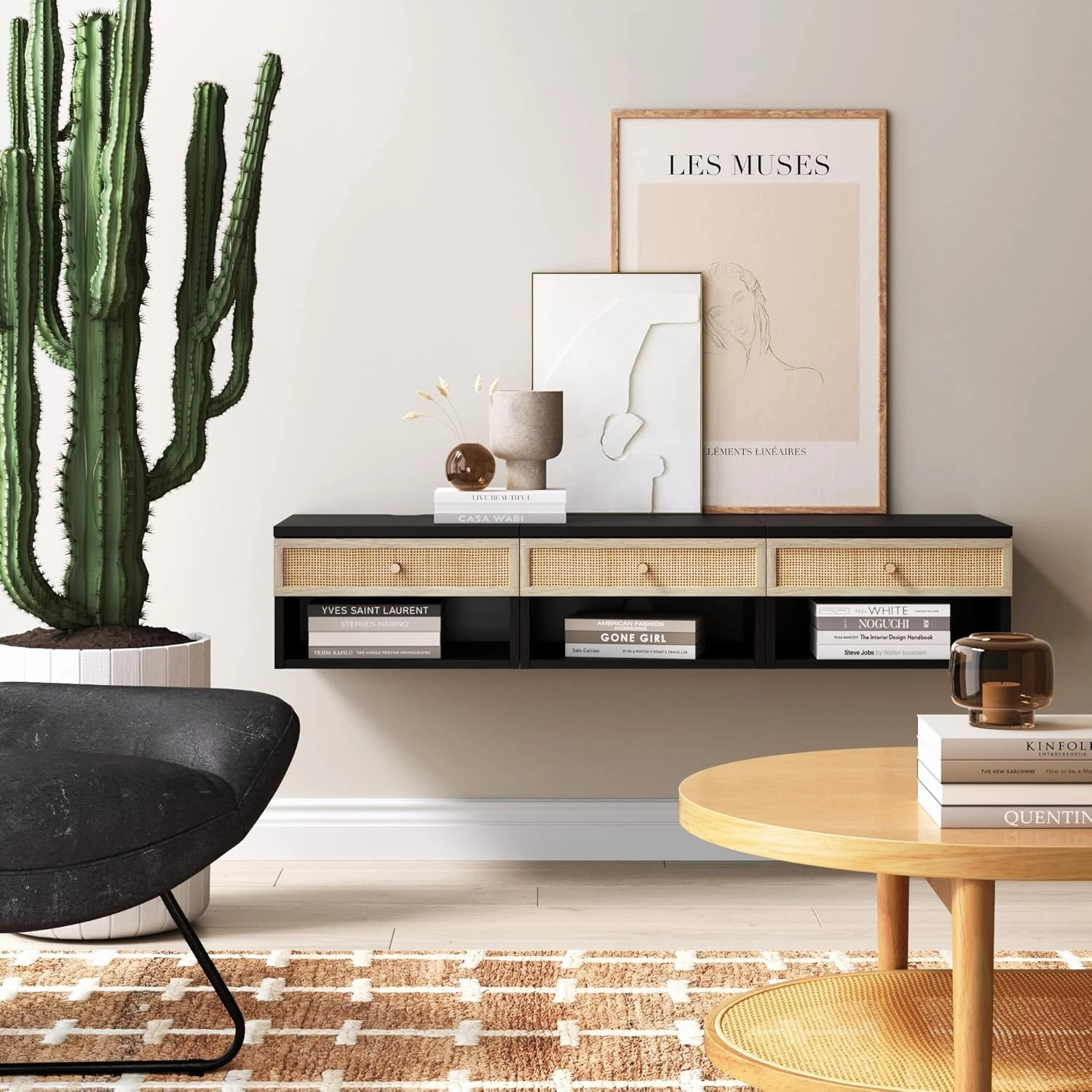 Nathan James Jackson Wall Mounted Rattan Floating Bedroom Nightstand with Storage Drawer and Modern Open Shelf Cubby, Black/Rattan