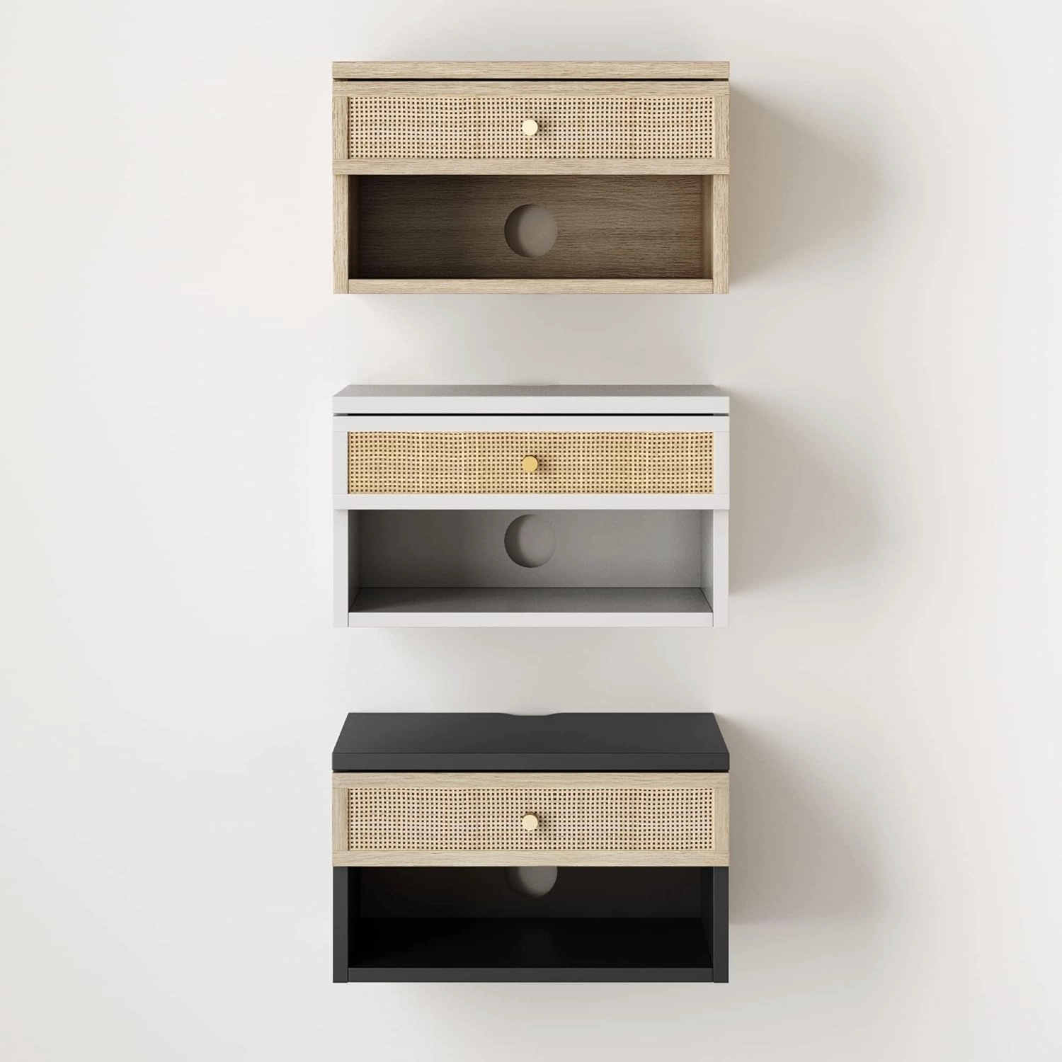 Nathan James Jackson Wall Mounted Rattan Floating Bedroom Nightstand with Storage Drawer and Modern Open Shelf Cubby, Black/Rattan