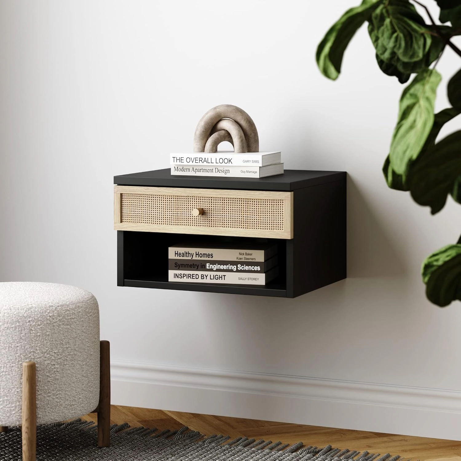 Nathan James Jackson Wall Mounted Rattan Floating Bedroom Nightstand with Storage Drawer and Modern Open Shelf Cubby, Black/Rattan
