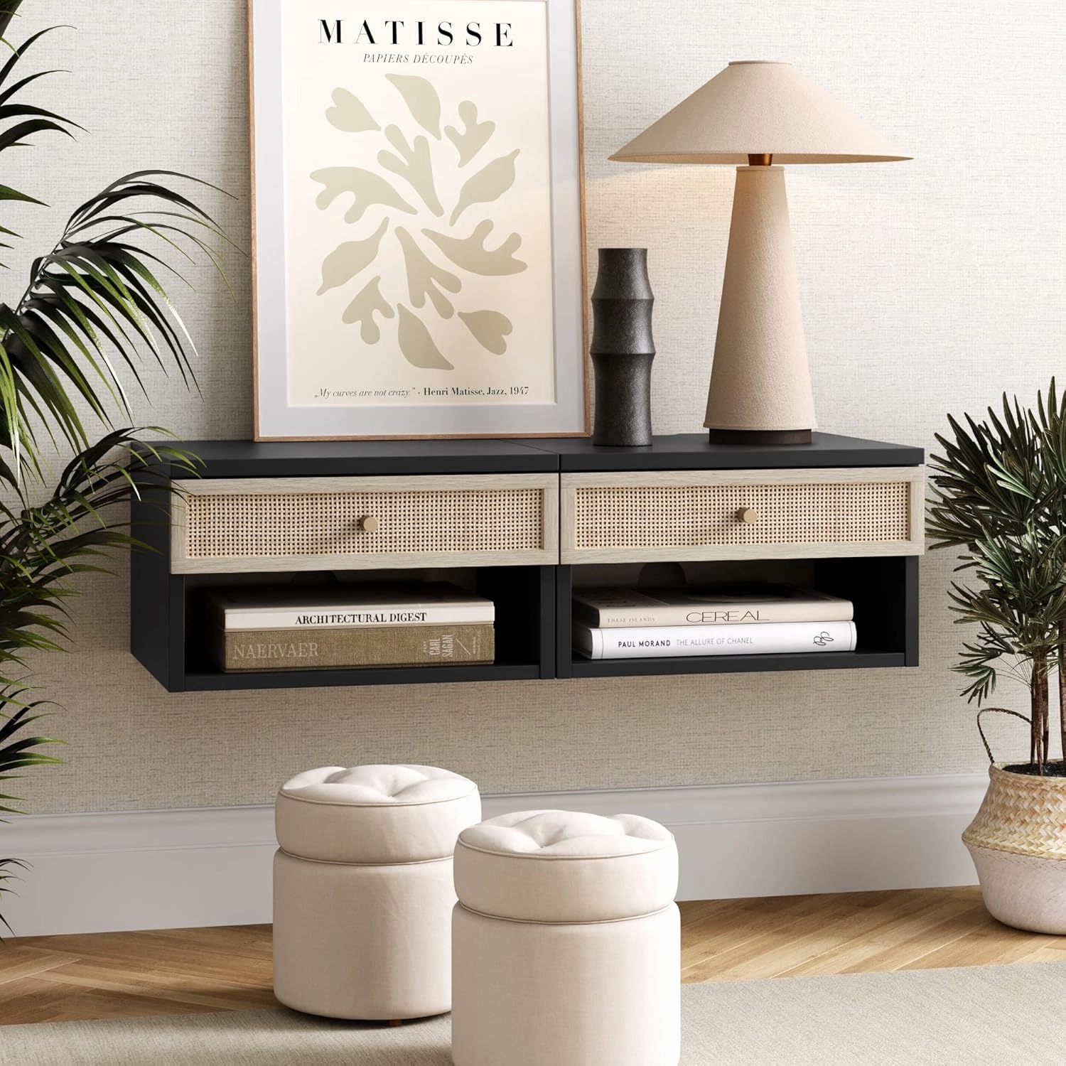 Nathan James Jackson Wall Mounted Rattan Floating Bedroom Nightstand with Storage Drawer and Modern Open Shelf Cubby, Black/Rattan, Set of 2