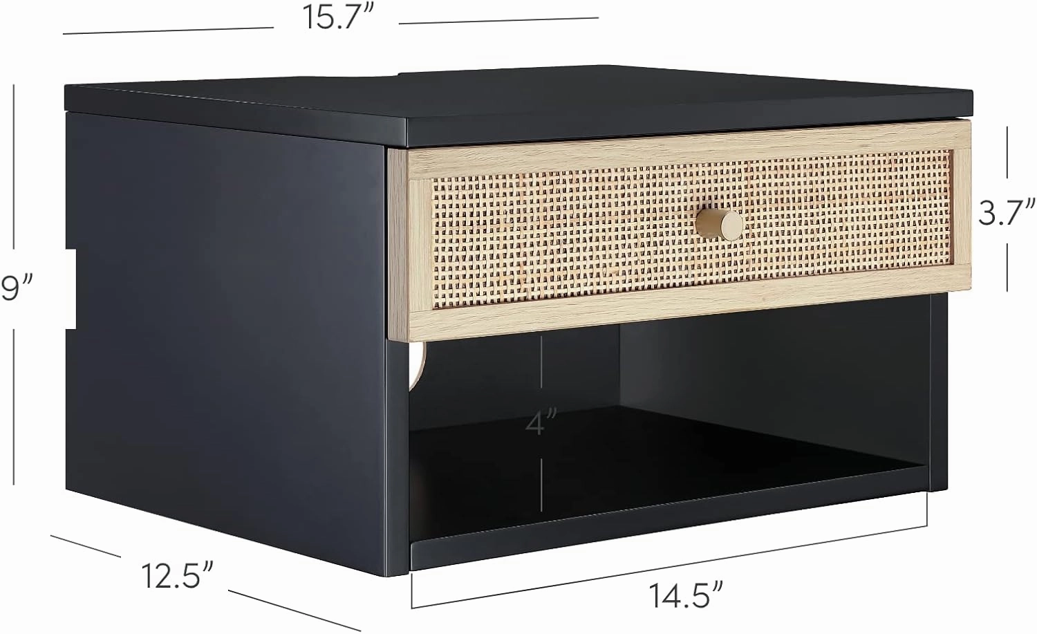Nathan James Jackson Wall Mounted Rattan Floating Bedroom Nightstand with Storage Drawer and Modern Open Shelf Cubby, Black/Rattan, Set of 2