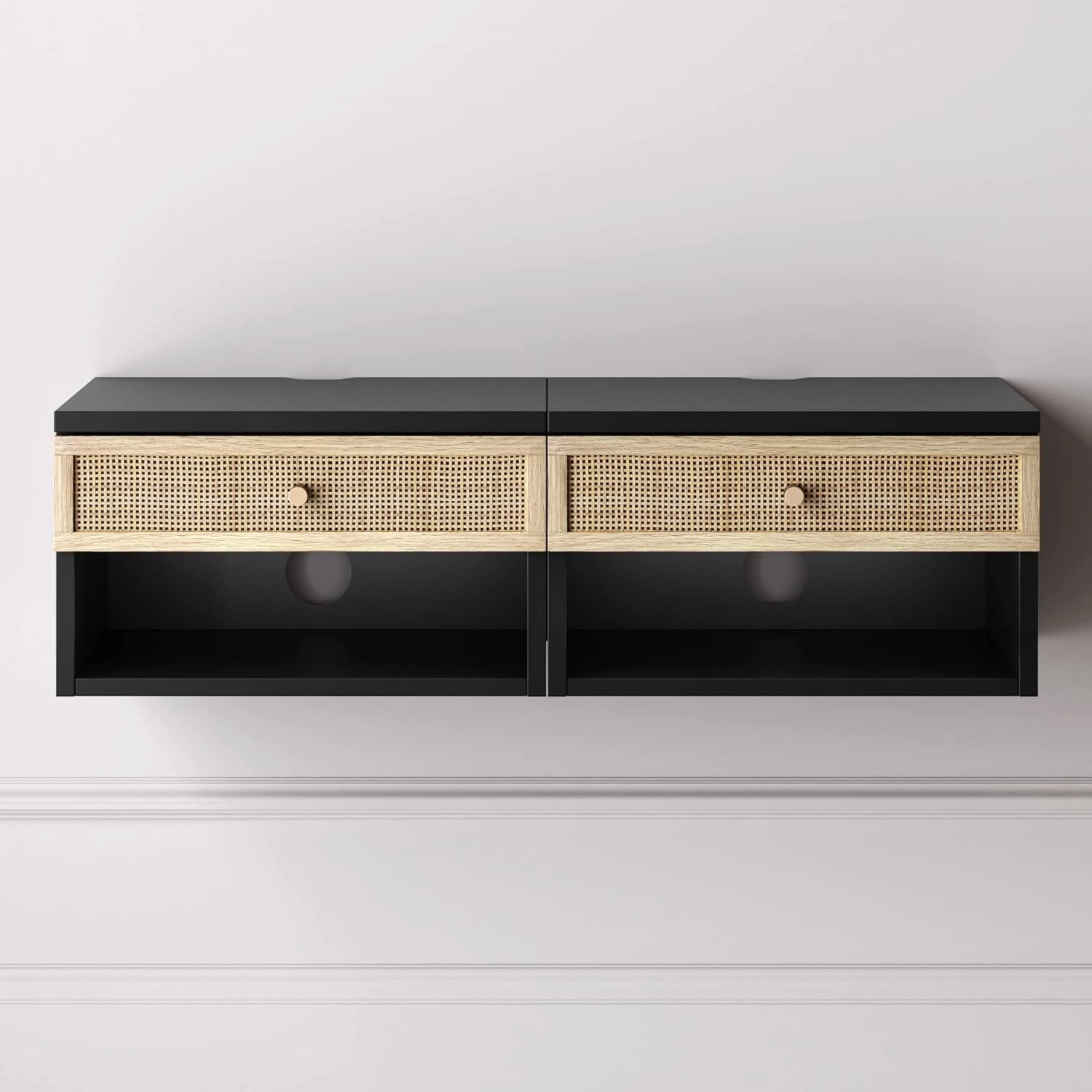 Nathan James Jackson Wall Mounted Rattan Floating Bedroom Nightstand with Storage Drawer and Modern Open Shelf Cubby, Black/Rattan, Set of 2