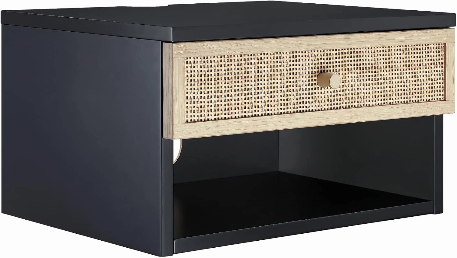 Nathan James Jackson Wall Mounted Rattan Floating Bedroom Nightstand with Storage Drawer and Modern Open Shelf Cubby, Black/Rattan, Set of 2