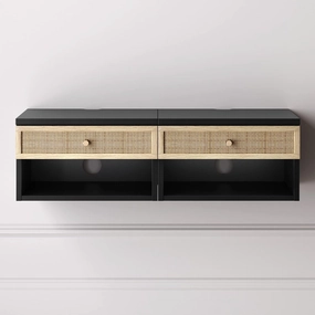 Nathan James Jackson Wall Mounted Rattan Floating Bedroom Nightstand with Storage Drawer and Modern Open Shelf Cubby, Black/Rattan, Set of 2