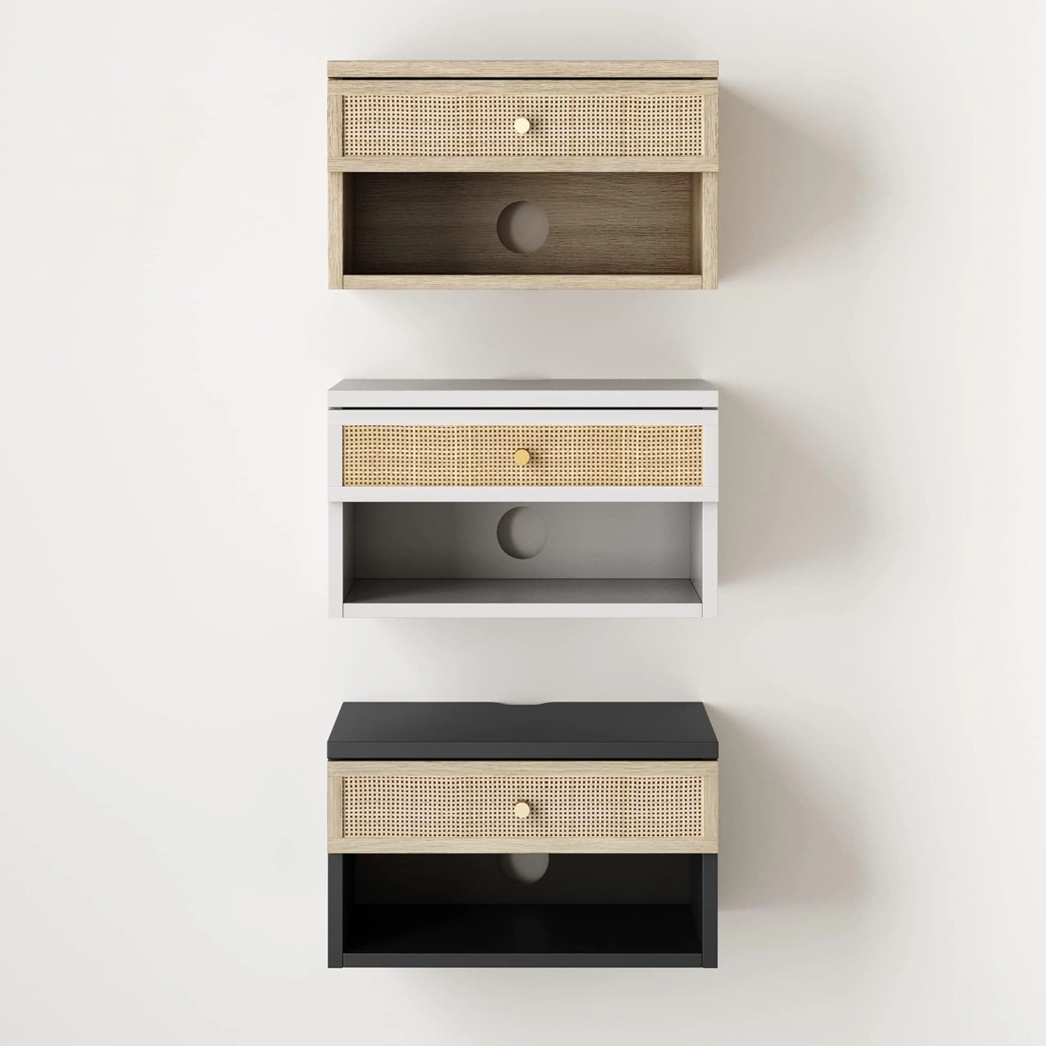 Nathan James Jackson Wall Mounted Rattan Floating Bedroom Nightstand with Storage Drawer and Modern Open Shelf Cubby, Black/Rattan, Set of 2