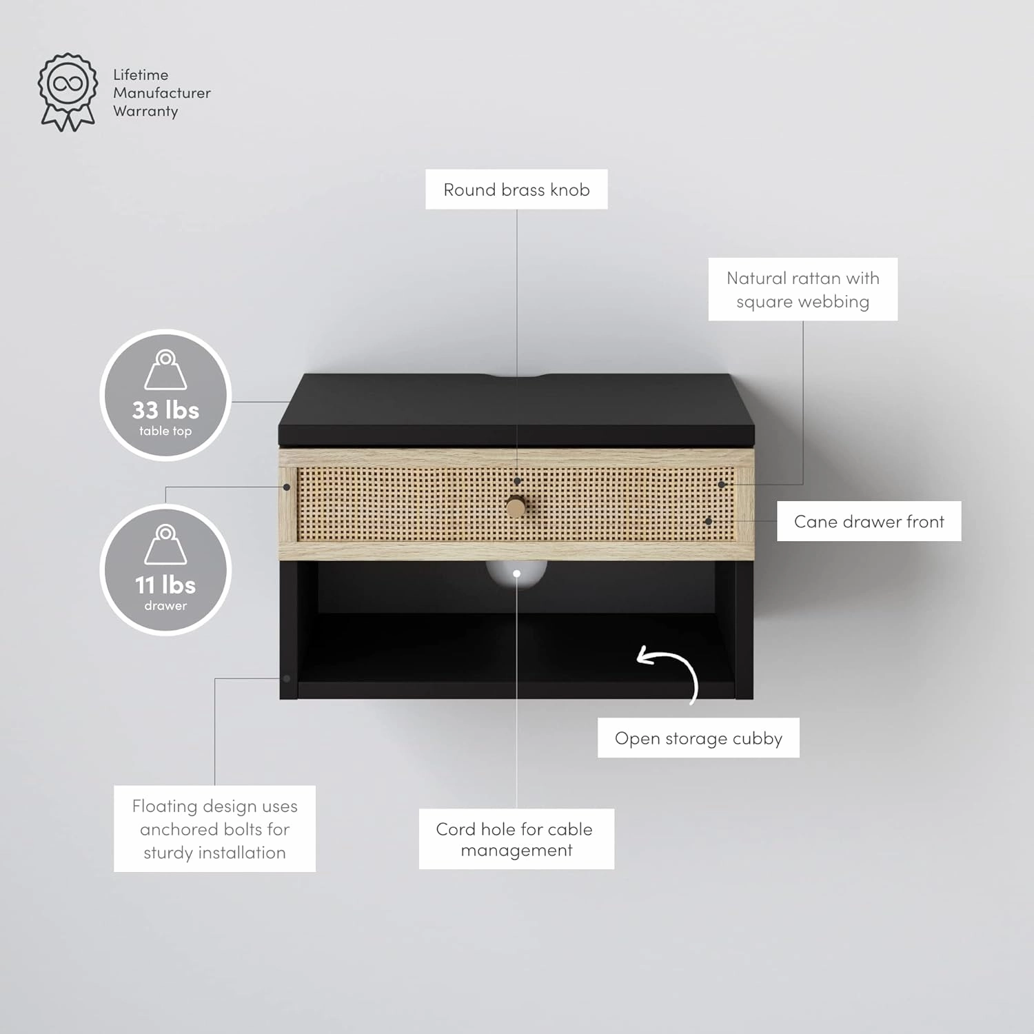 Nathan James Jackson Wall Mounted Rattan Floating Bedroom Nightstand with Storage Drawer and Modern Open Shelf Cubby, Black/Rattan