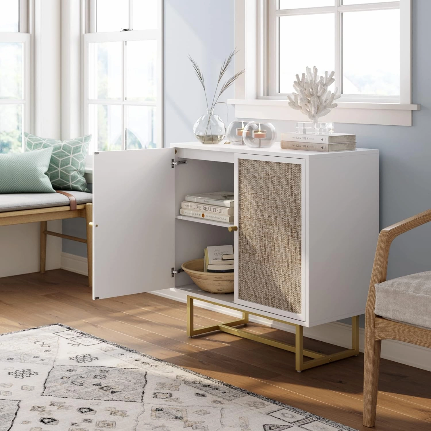 Nathan James Kova Rattan Wood Accent Natural Sideboard Storage Cabinet with Matte Metal Frame, Adjustable Interior Shelves and Cane Doors, for Hallway, Entryway or Living Room, White/Cane/Brass