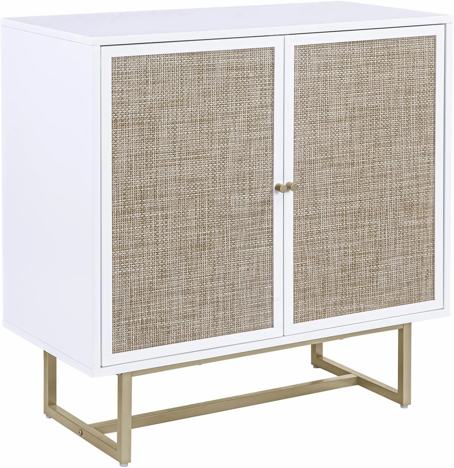 Nathan James Kova Rattan Wood Accent Natural Sideboard Storage Cabinet with Matte Metal Frame, Adjustable Interior Shelves and Cane Doors, for Hallway, Entryway or Living Room, White/Cane/Brass