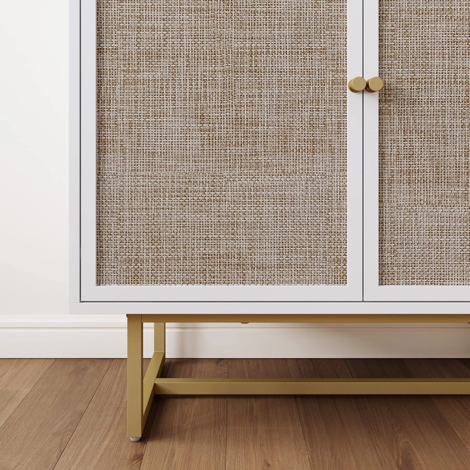 Nathan James Kova Rattan Wood Accent Natural Sideboard Storage Cabinet with Matte Metal Frame, Adjustable Interior Shelves and Cane Doors, for Hallway, Entryway or Living Room, White/Cane/Brass