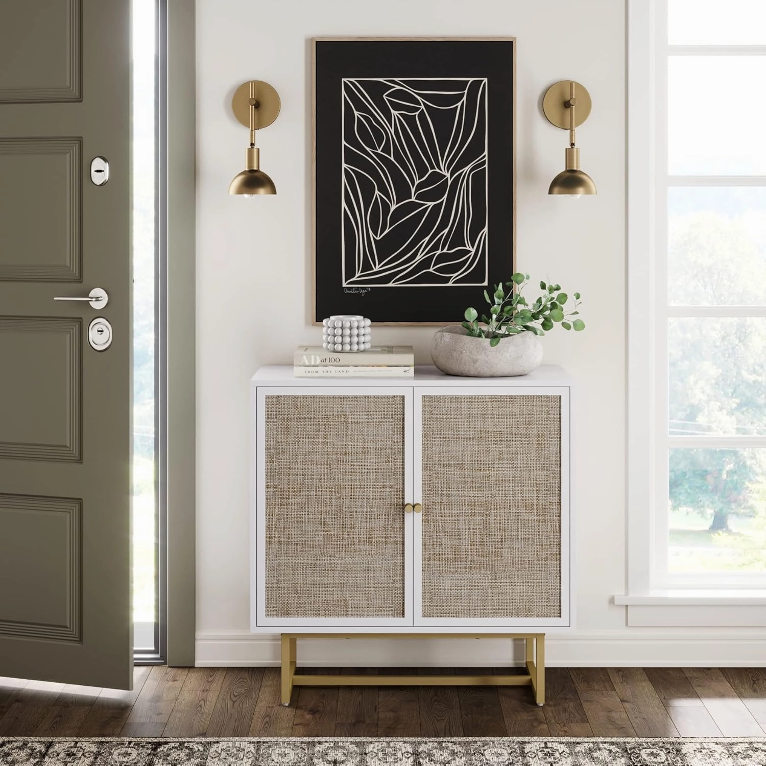 Nathan James Kova Rattan Wood Accent Natural Sideboard Storage Cabinet with Matte Metal Frame, Adjustable Interior Shelves and Cane Doors, for Hallway, Entryway or Living Room, White/Cane/Brass