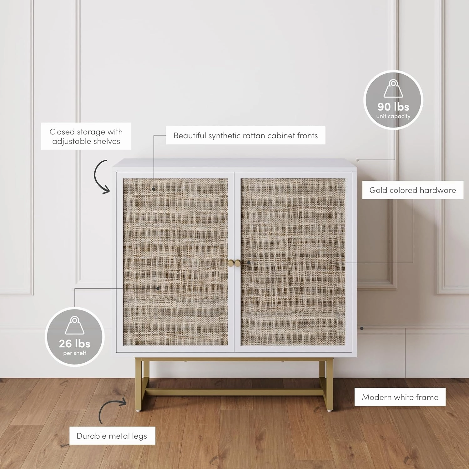 Nathan James Kova Rattan Wood Accent Natural Sideboard Storage Cabinet with Matte Metal Frame, Adjustable Interior Shelves and Cane Doors, for Hallway, Entryway or Living Room, White/Cane/Brass