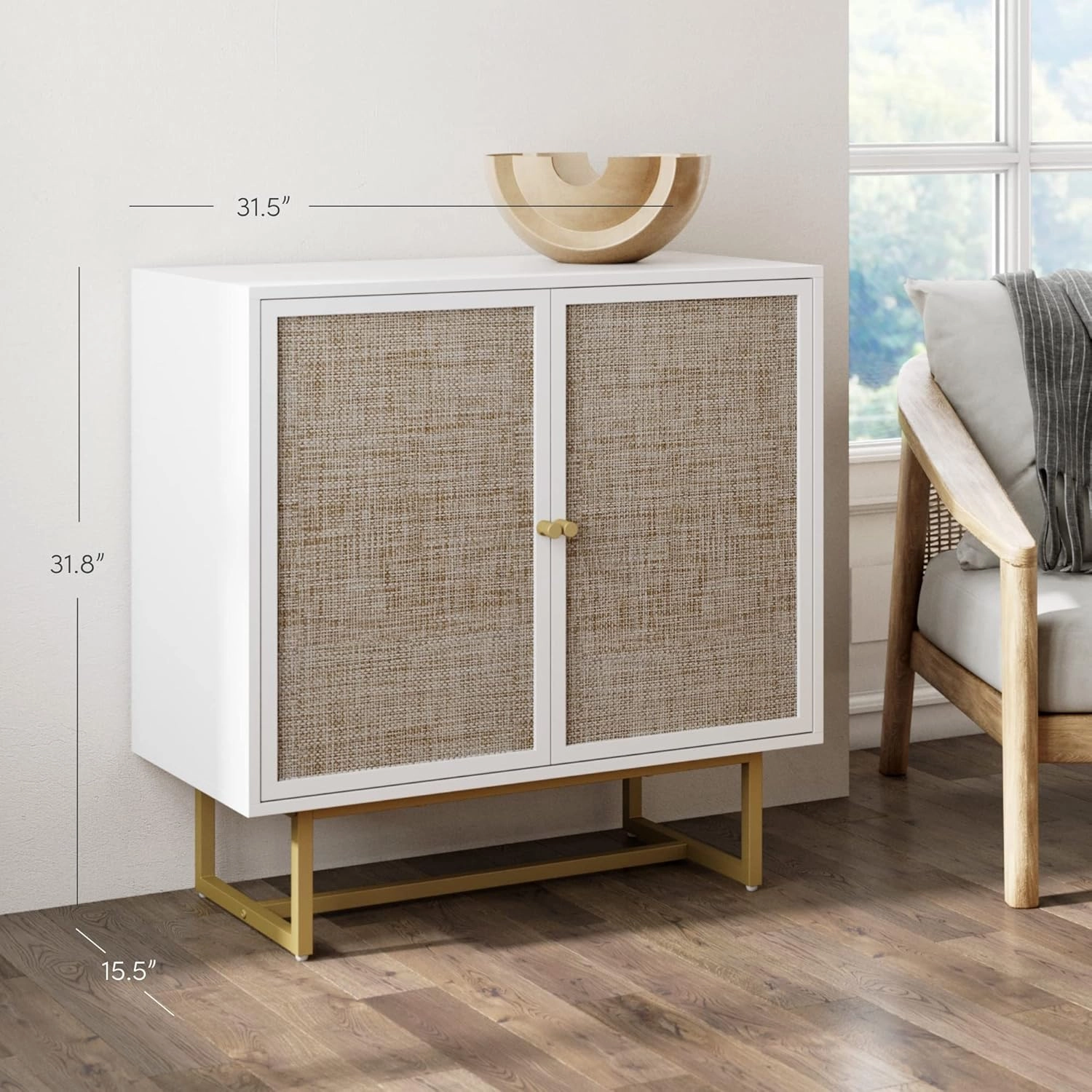 Nathan James Kova Rattan Wood Accent Natural Sideboard Storage Cabinet with Matte Metal Frame, Adjustable Interior Shelves and Cane Doors, for Hallway, Entryway or Living Room, White/Cane/Brass